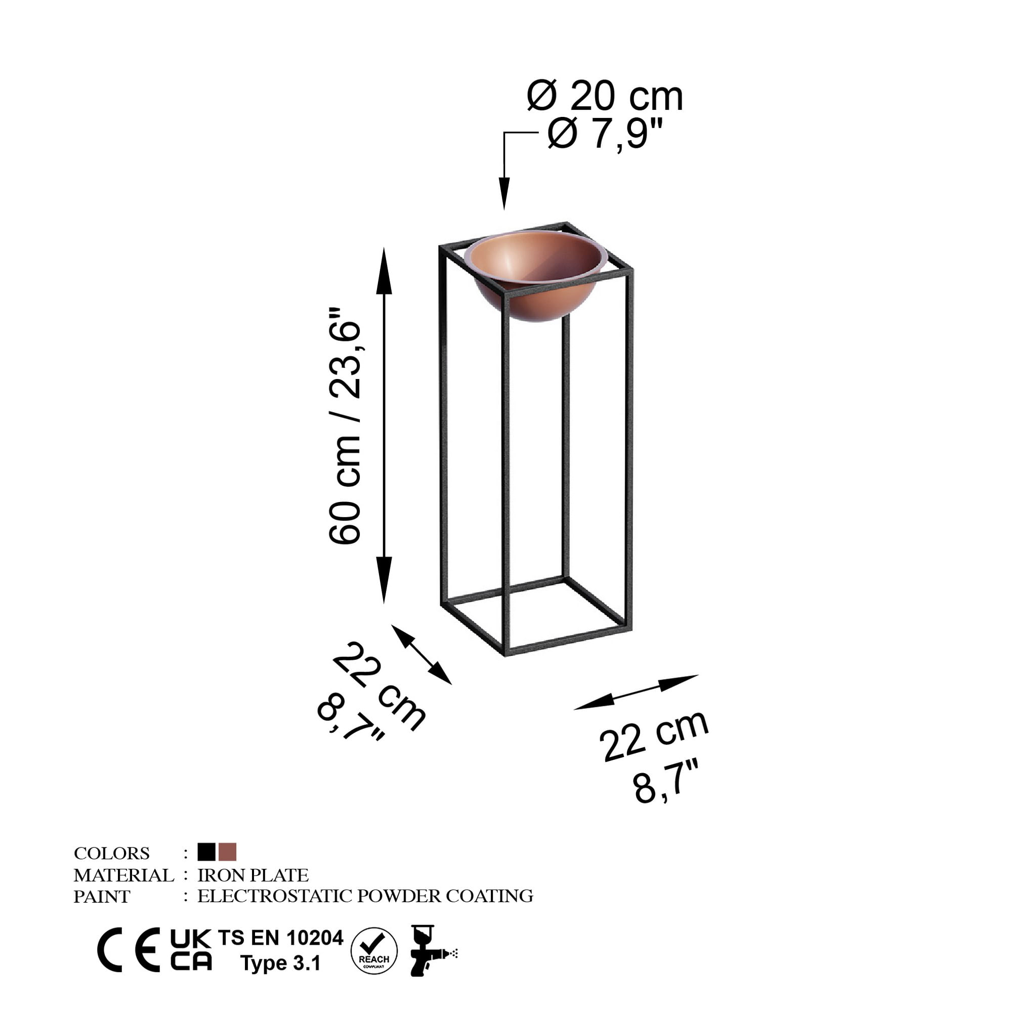 Ghiveci decorativ, Aberto Design, metal, negru cupru, 22x22x60 cm — imaginea 2