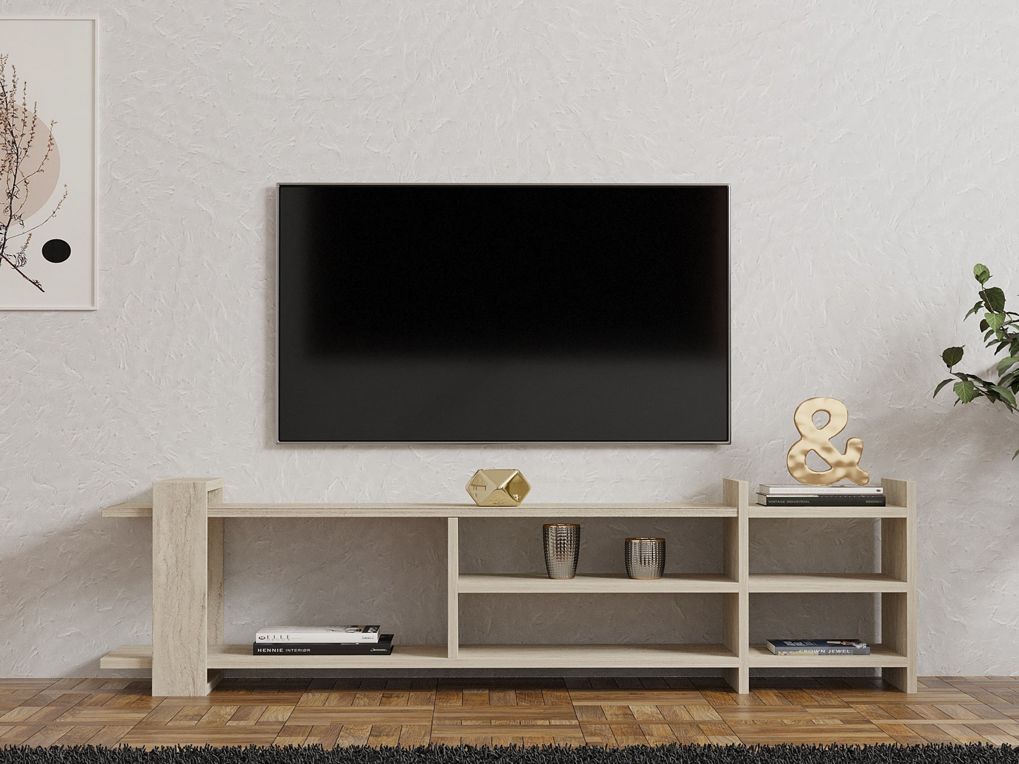 Comoda tv, Hanah Home, panou de particule melaminat, travertin, 156x40x29.6 cm — imaginea 2