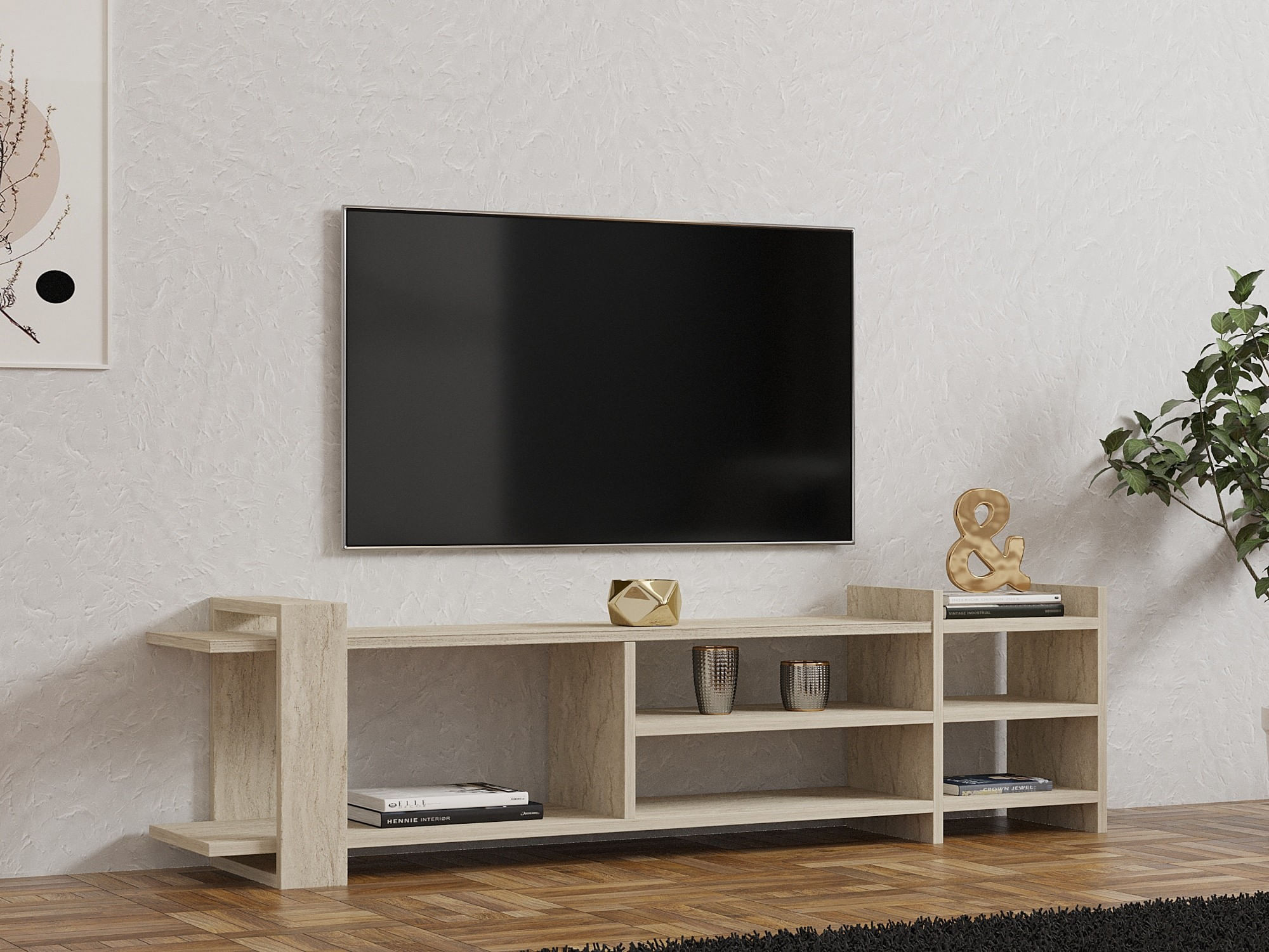 Comoda tv, Hanah Home, panou de particule melaminat, travertin, 156x40x29.6 cm — imaginea 3