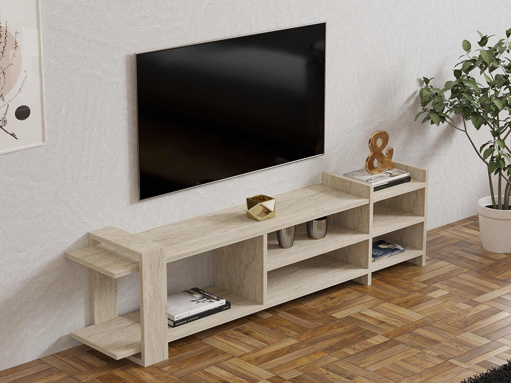 Comoda tv, Hanah Home, panou de particule melaminat, travertin, 156x40x29.6 cm — imaginea 5