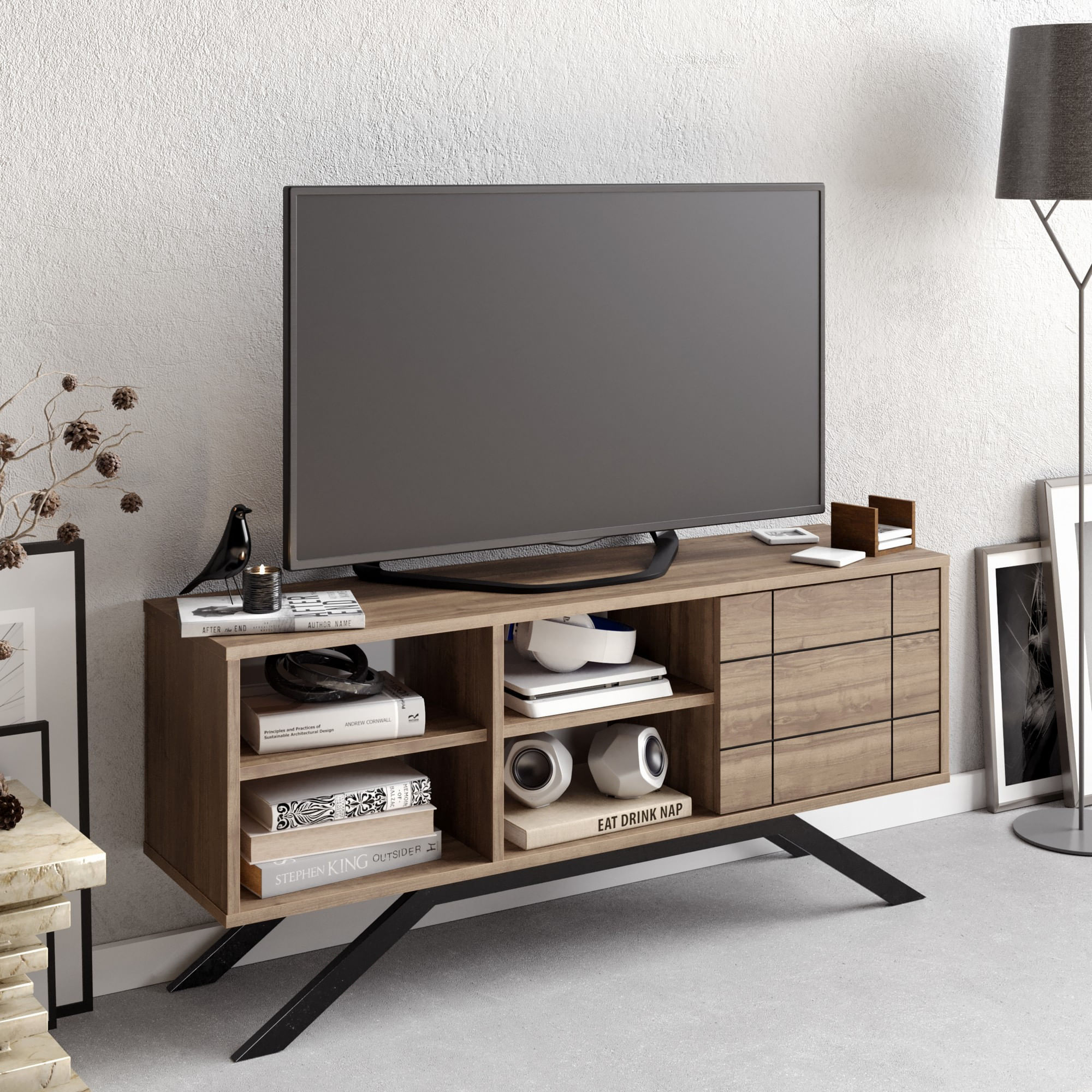 Comoda tv, Hanah Home, pal melaminat, negru si nuc, 130x58.6x38.6 cm — imaginea 5