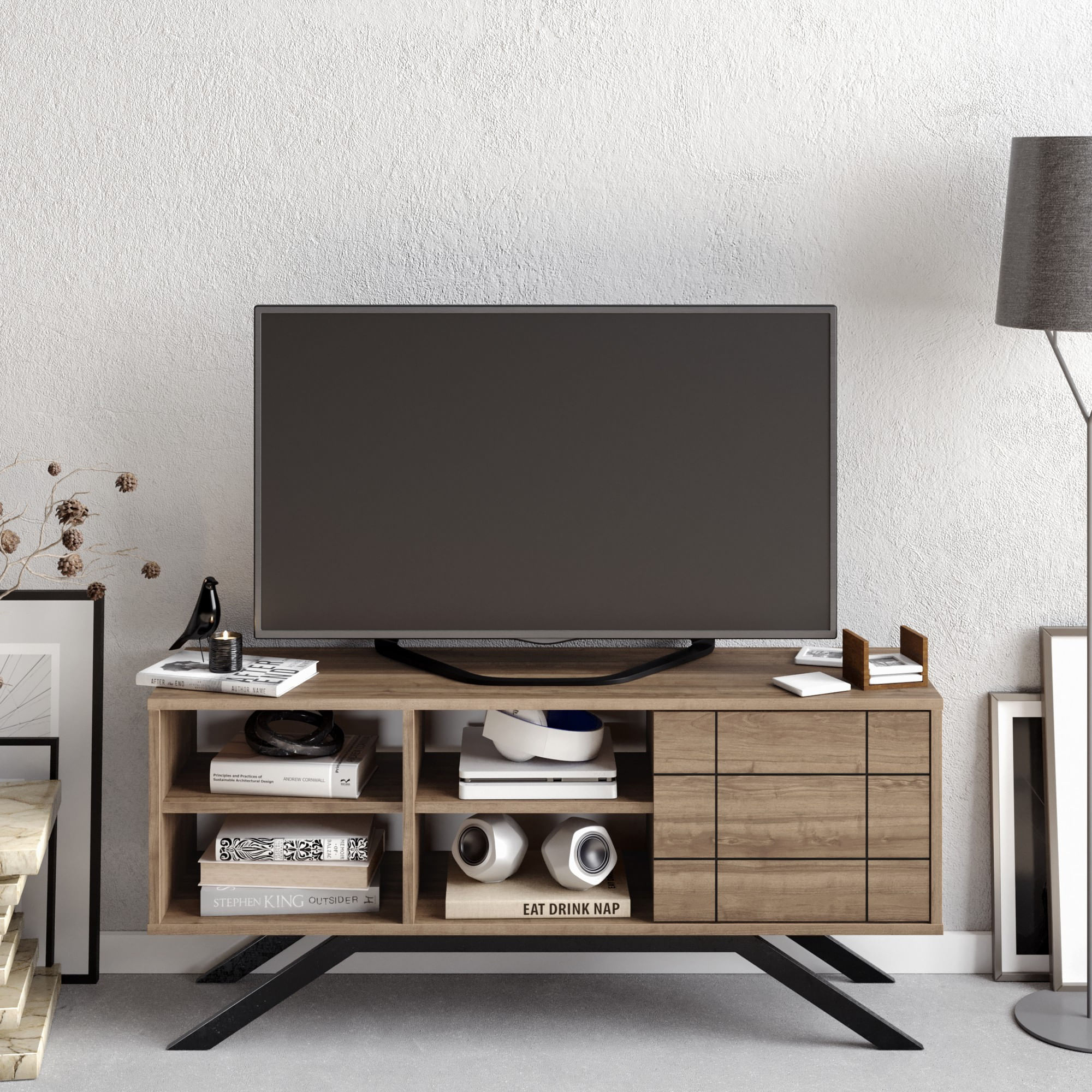 Comoda tv, Hanah Home, pal melaminat, negru si nuc, 130x58.6x38.6 cm — imaginea 7