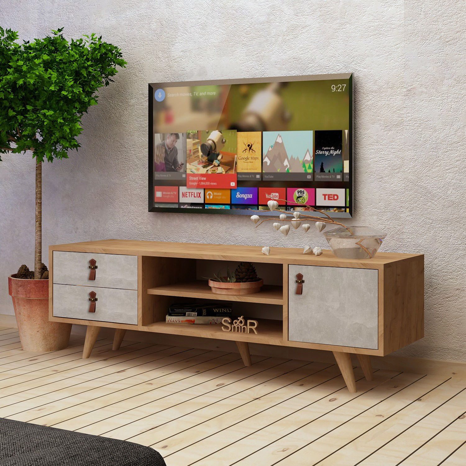 Comoda tv, Hanah Home, pal melaminat, stejar alb, 120x53x40 cm — imaginea 4