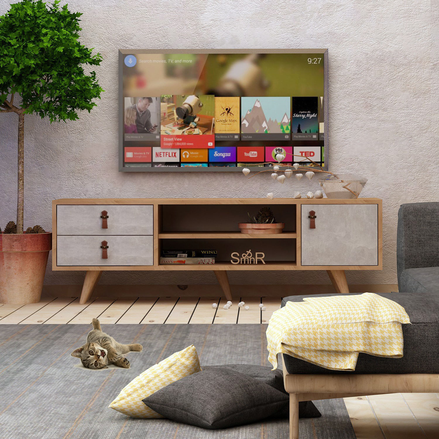 Comoda tv, Hanah Home, pal melaminat, stejar alb, 120x53x40 cm — imaginea 5