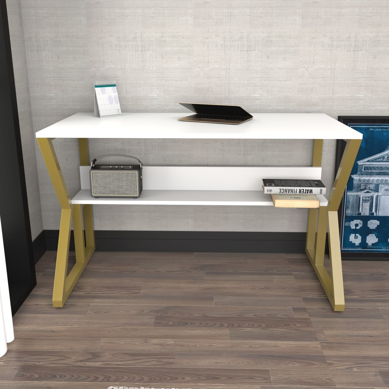 Birou de studiu, Hanah Home, pal melaminat, alb auriu, 120x60x72.8 cm — imaginea 4