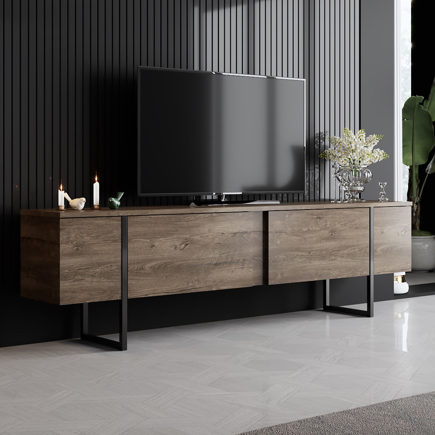 Comoda tv, Hanah Home, pal melaminat, nuc si negru, 180x30x50 cm - 2 | YEO