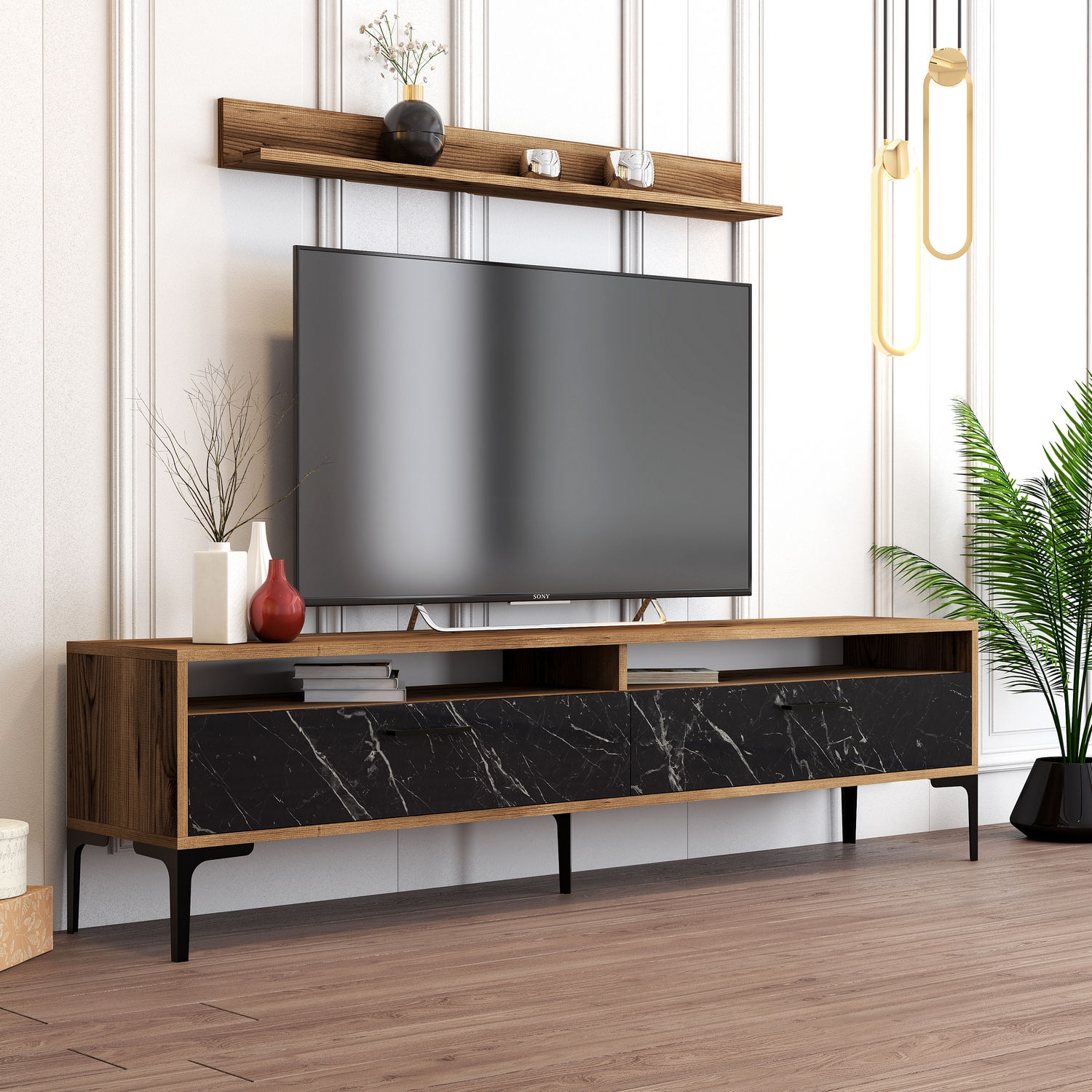 Comoda tv, Hanah Home, pal melaminat, nuc si negru, 180x47x35 cm — imaginea 3