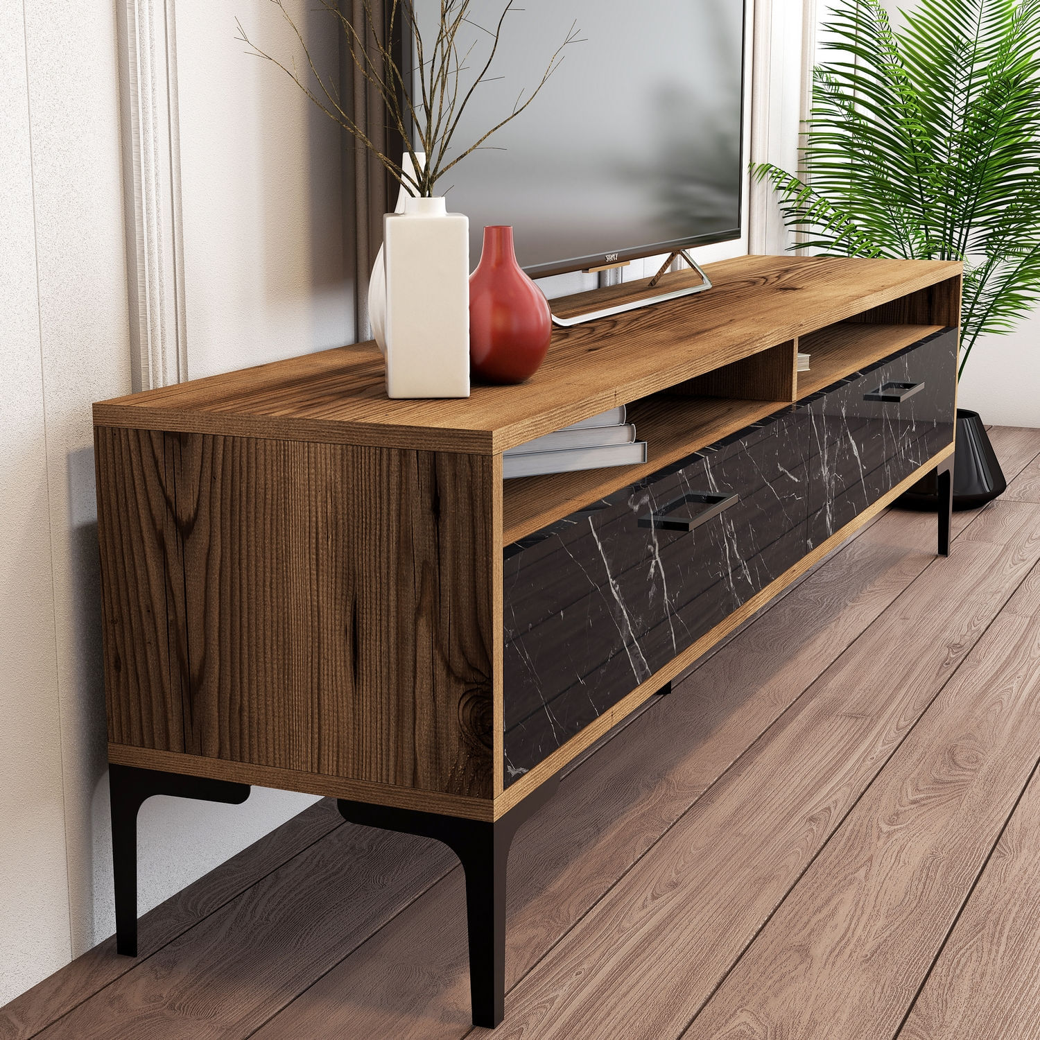 Comoda tv, Hanah Home, pal melaminat, nuc si negru, 180x47x35 cm — imaginea 4