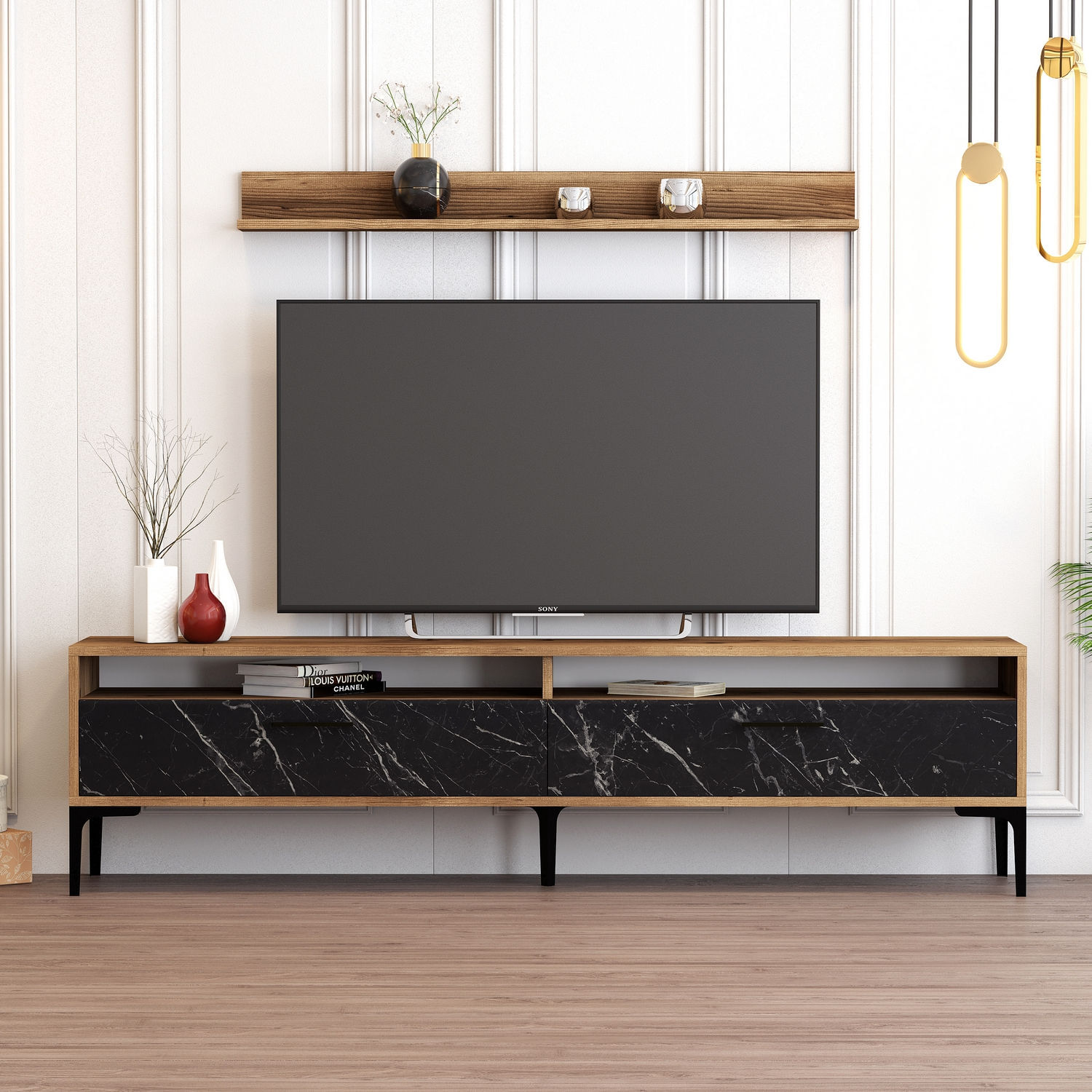 Comoda tv, Hanah Home, pal melaminat, nuc si negru, 180x47x35 cm — imaginea 5