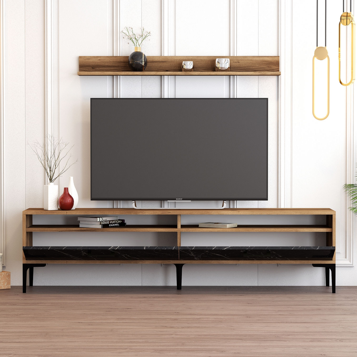 Comoda tv, Hanah Home, pal melaminat, nuc si negru, 180x47x35 cm — imaginea 6