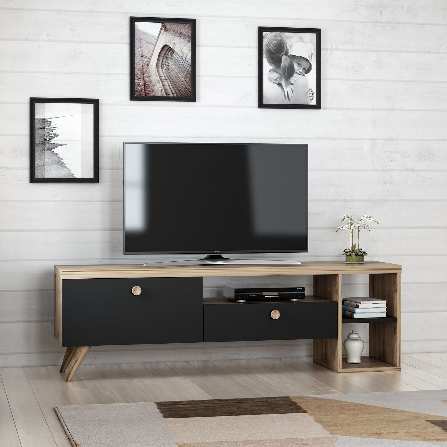 Comoda tv, Hanah Home, pal melaminat, negru si stejar, 150x35x47 cm — imaginea 4