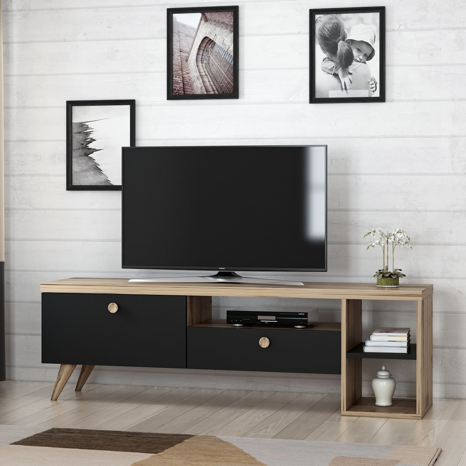 Comoda tv, Hanah Home, pal melaminat, negru si stejar, 150x35x47 cm — imaginea 6