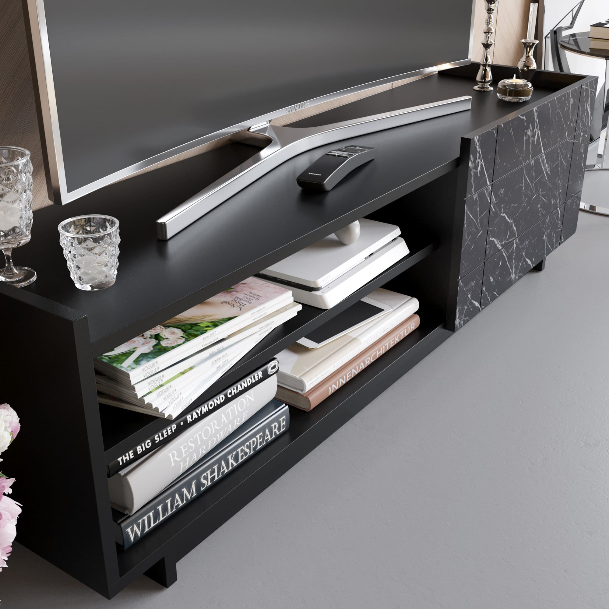 Comoda tv, Hanah Home, pal melaminat, negru marmura, 140x41.4x37.1 cm — imaginea 3