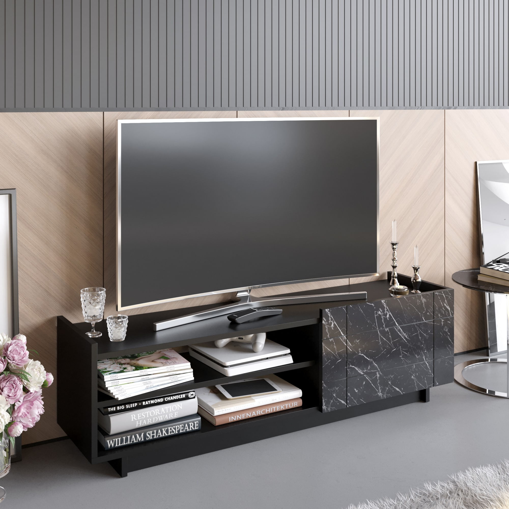 Comoda tv, Hanah Home, pal melaminat, negru marmura, 140x41.4x37.1 cm — imaginea 4