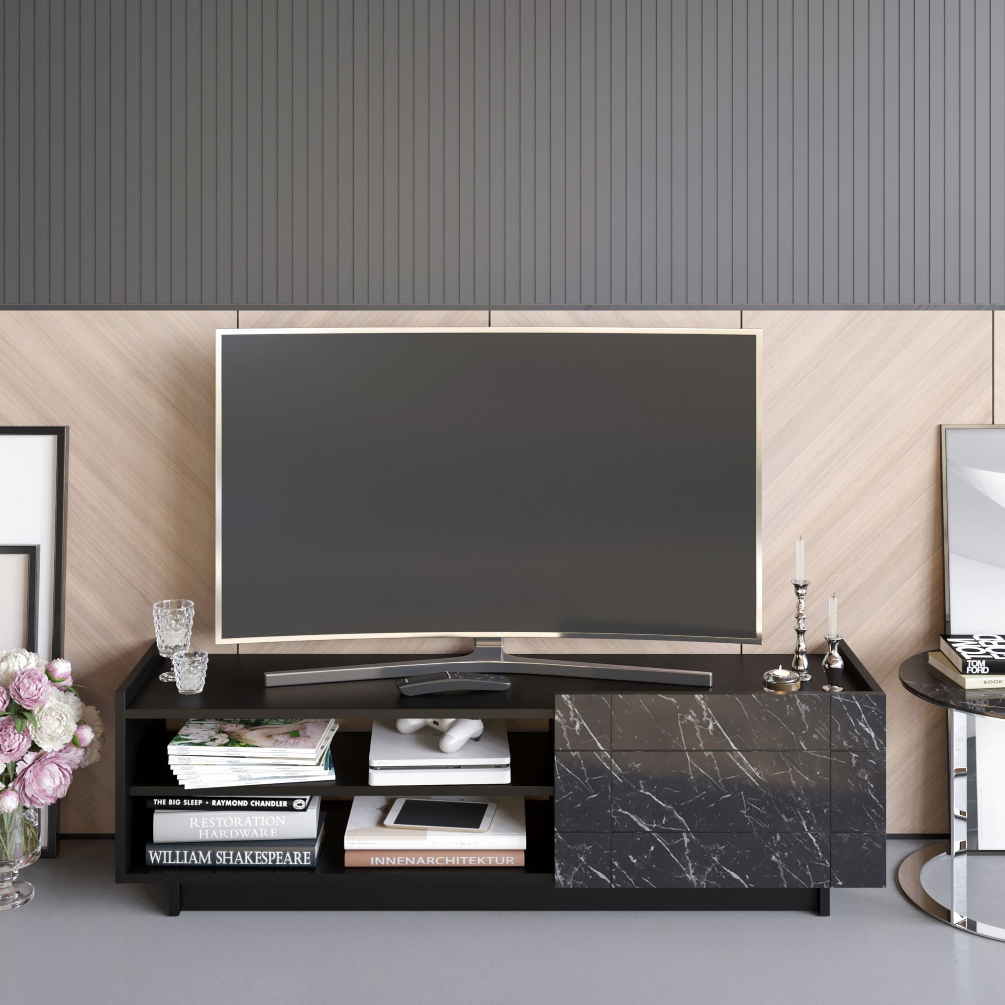 Comoda tv, Hanah Home, pal melaminat, negru marmura, 140x41.4x37.1 cm — imaginea 5