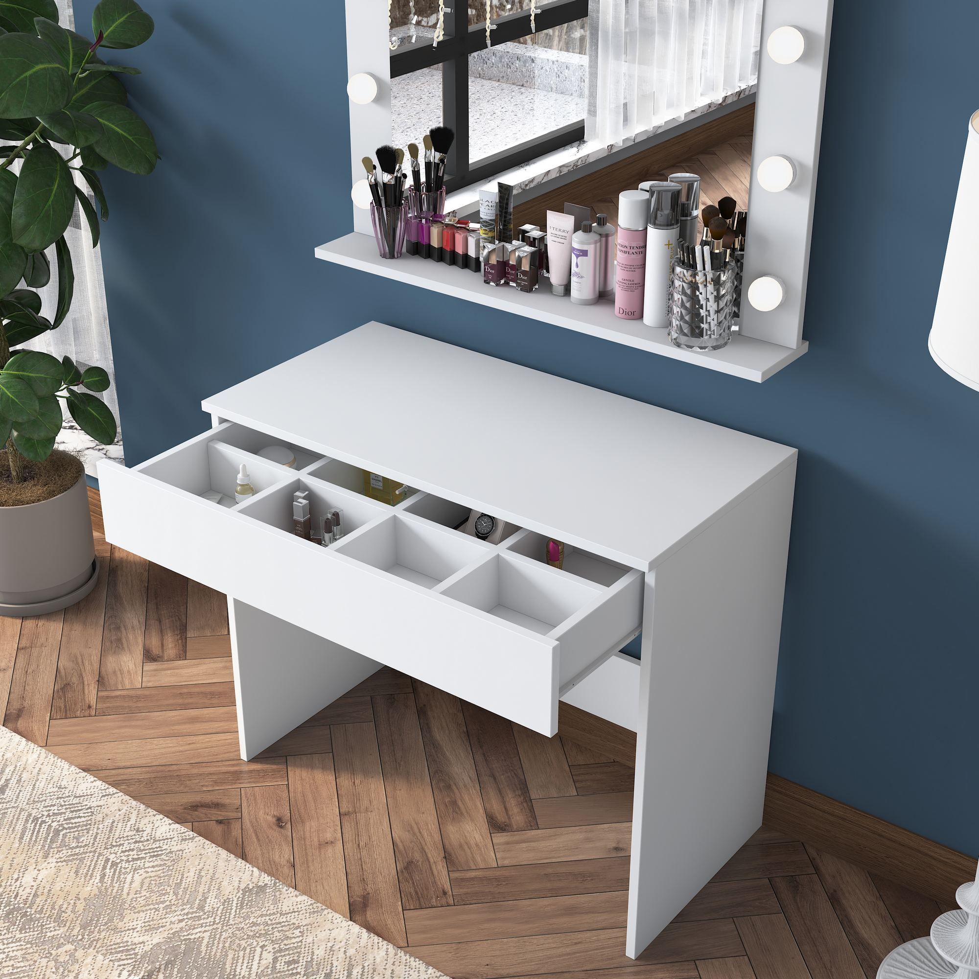 Masa de machiaj, Hanah Home, pal melaminat, alb, 90x45x76.8 cm, oglinda inclusa — imaginea 5