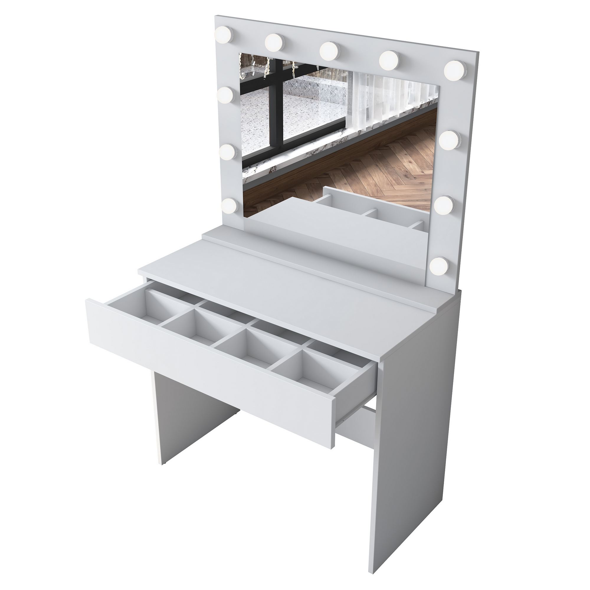 Masa de machiaj, Hanah Home, pal melaminat, alb, 90x45x76.8 cm, oglinda inclusa — imaginea 9