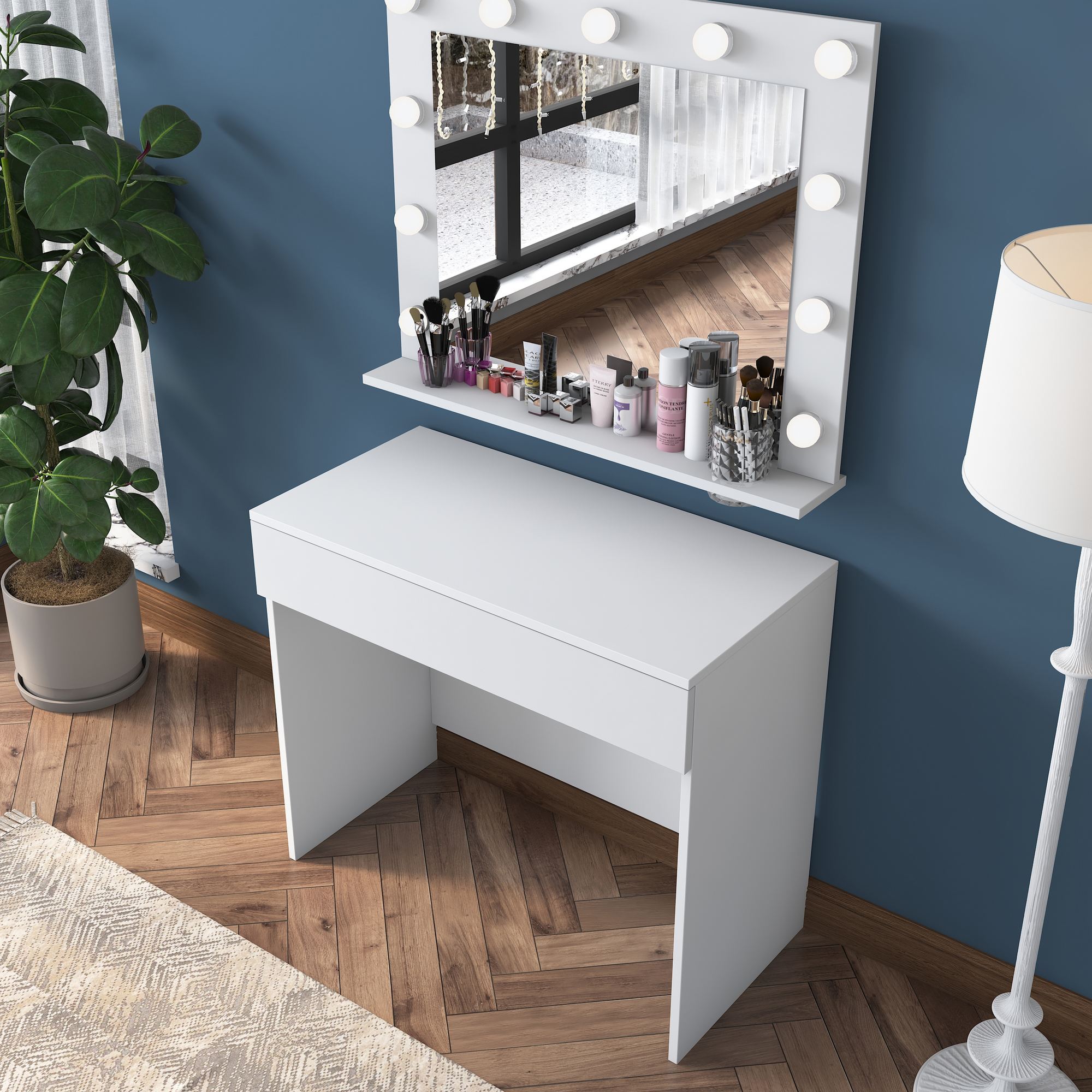 Masa de machiaj, Hanah Home, pal melaminat, alb, 90x45x76.8 cm, oglinda inclusa — imaginea 11