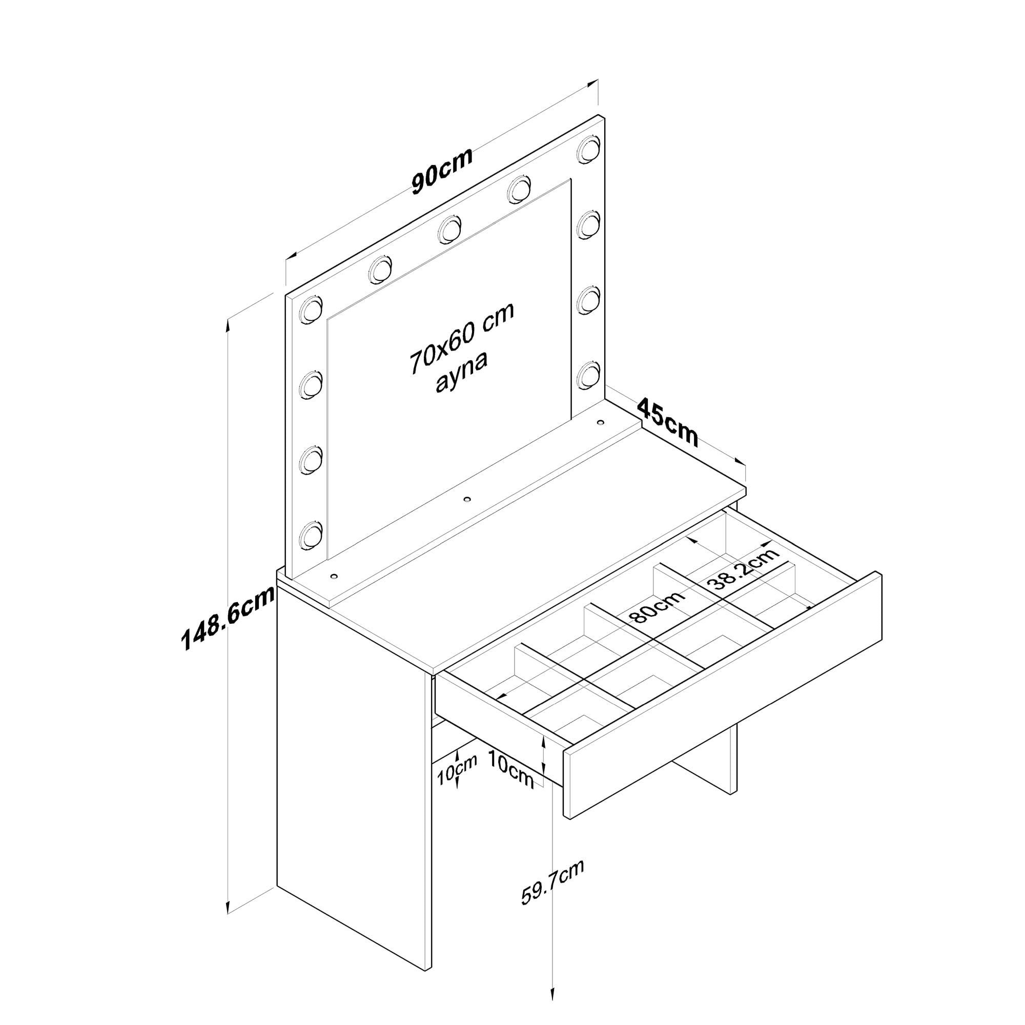 Masa de machiaj, Hanah Home, pal melaminat, alb, 90x45x76.8 cm, oglinda inclusa — imaginea 12
