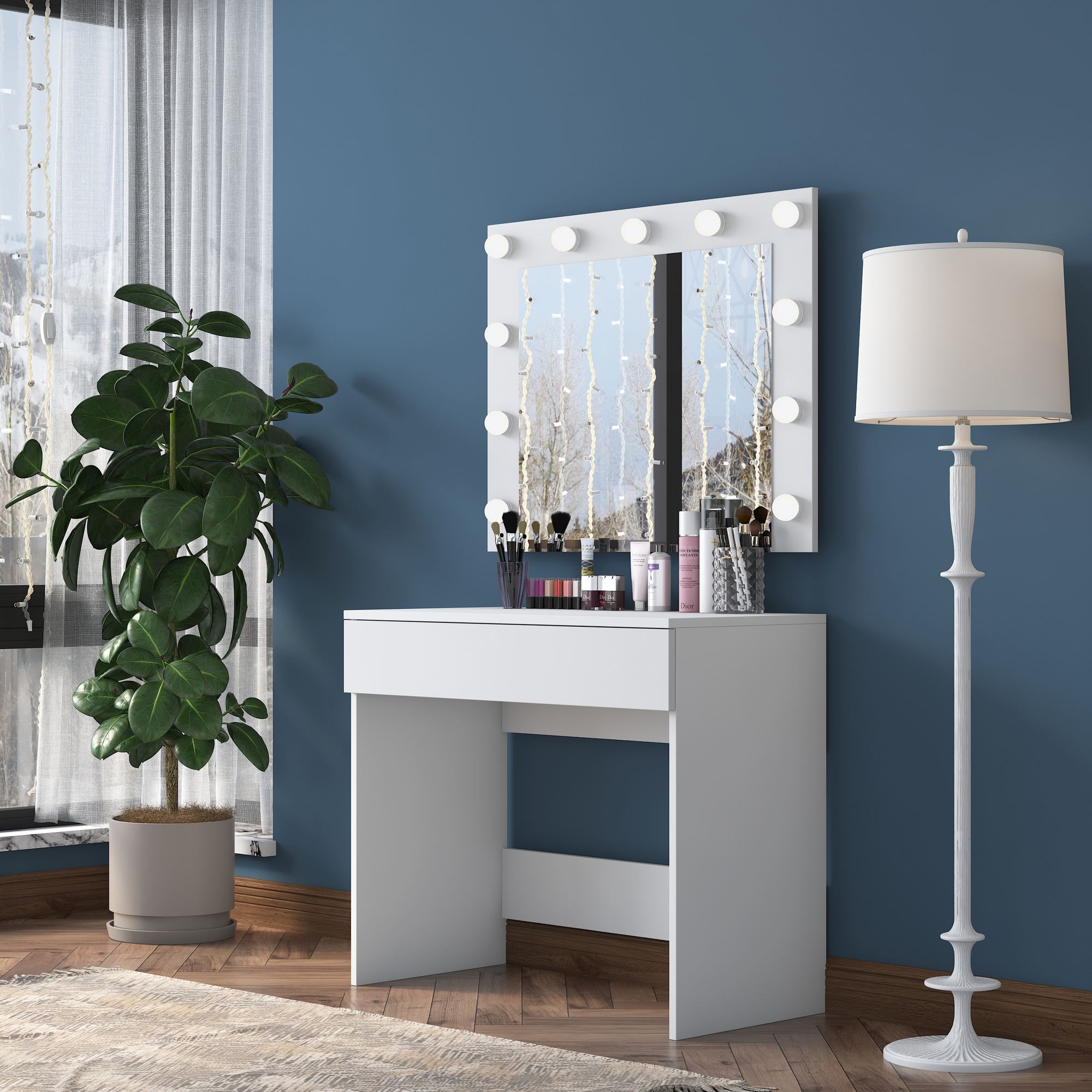Masa de machiaj, Hanah Home, pal melaminat, alb, 90x45x76.8 cm, oglinda inclusa — imaginea 13