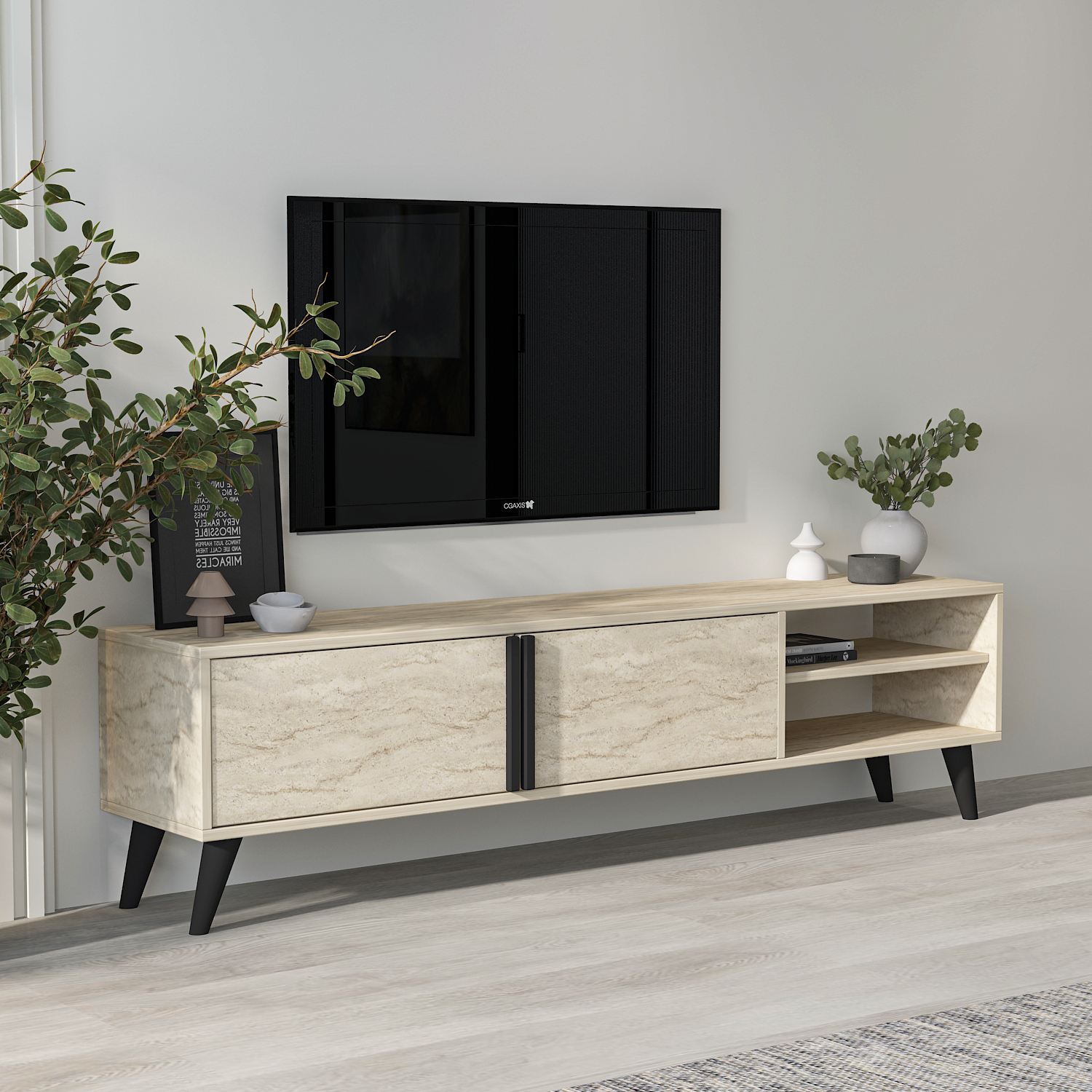 Comoda tv, Hanah Home, pal melaminat, travertin, 160x35x29.6 cm — imaginea 2