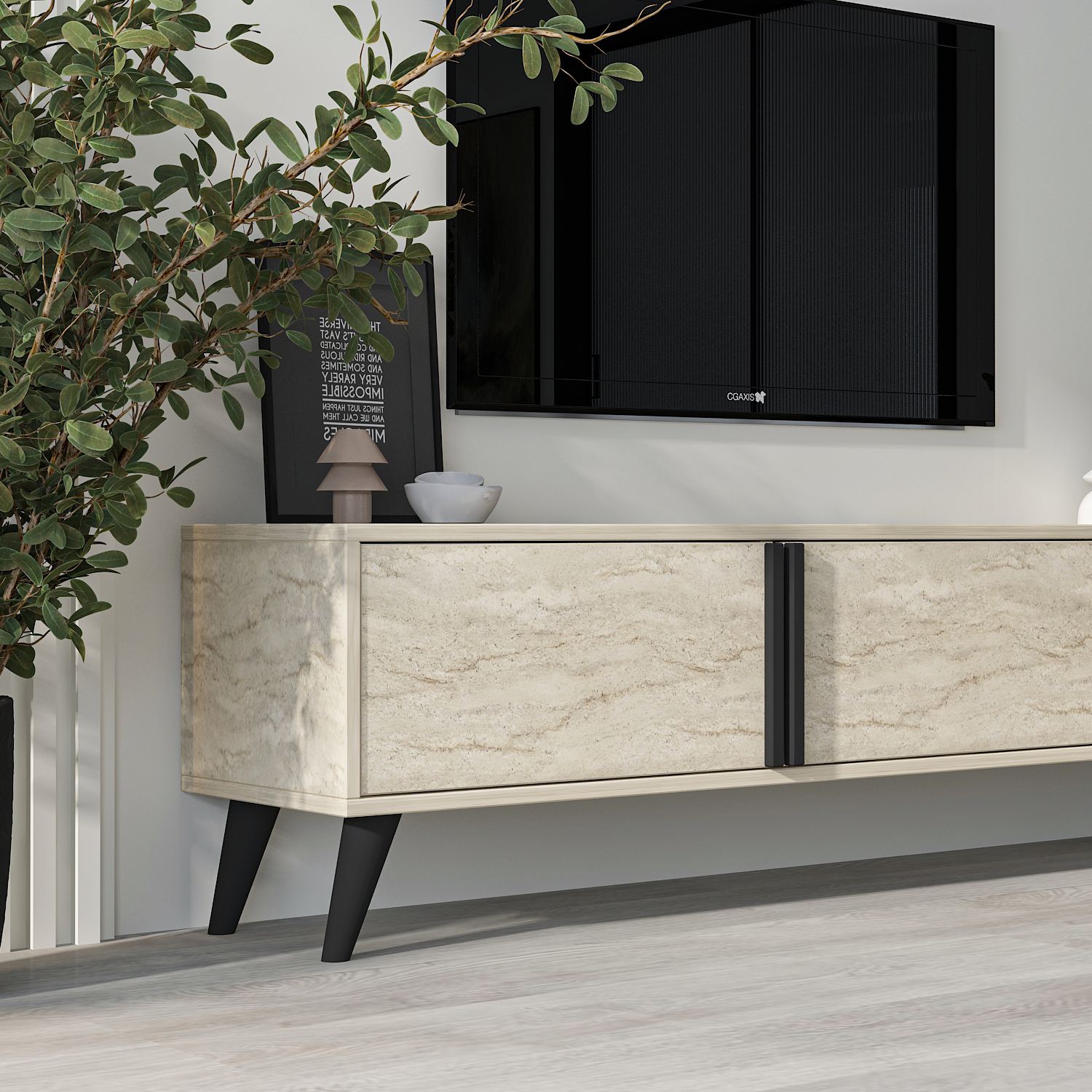 Comoda tv, Hanah Home, pal melaminat, travertin, 160x35x29.6 cm — imaginea 4