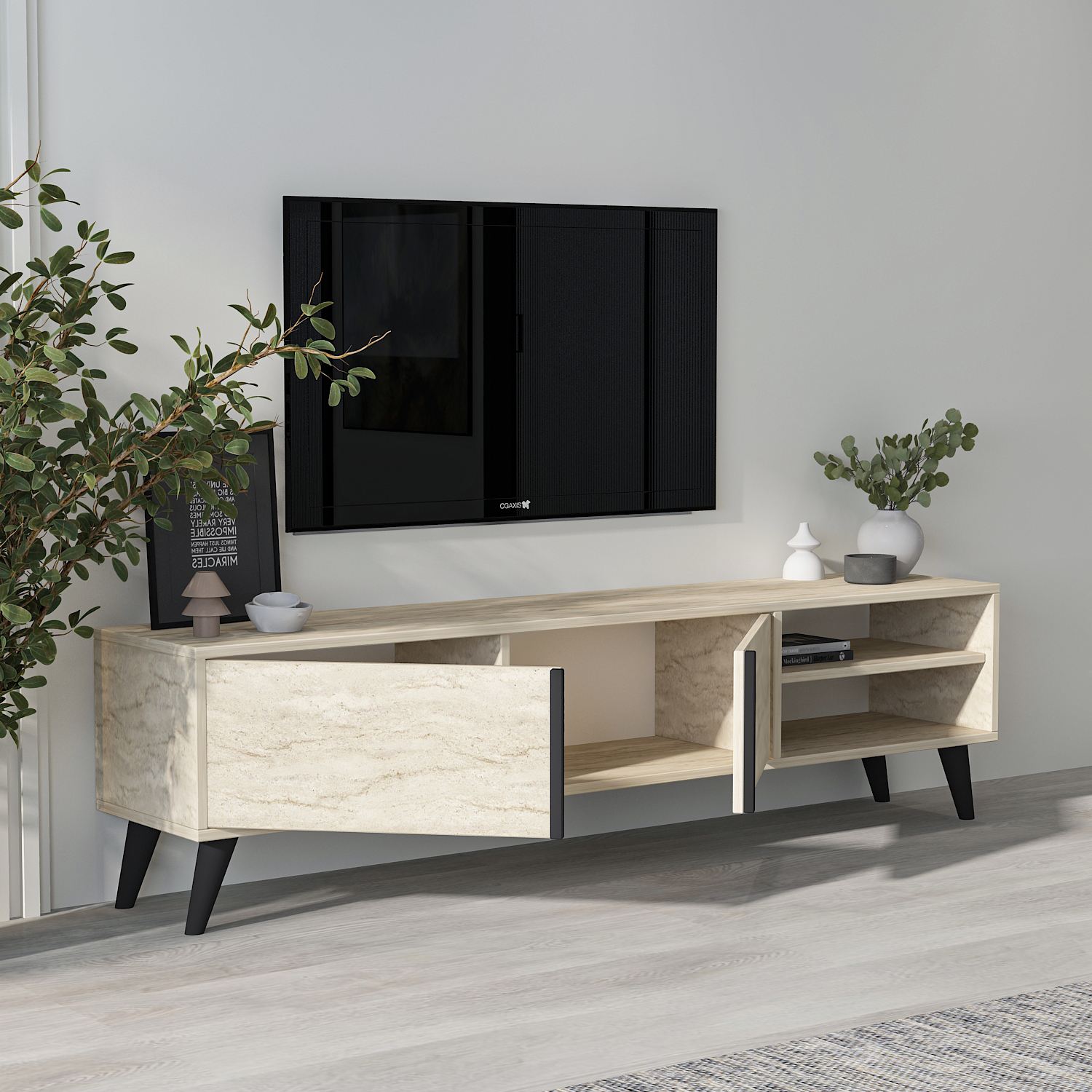Comoda tv, Hanah Home, pal melaminat, travertin, 160x35x29.6 cm — imaginea 5