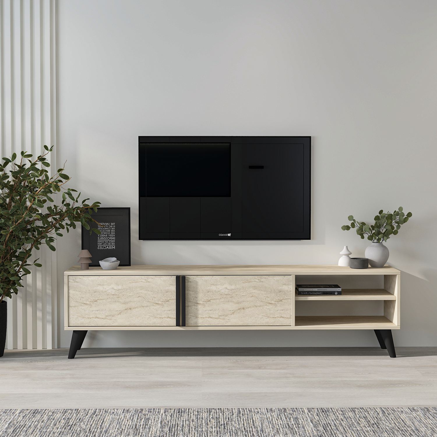 Comoda tv, Hanah Home, pal melaminat, travertin, 160x35x29.6 cm — imaginea 7