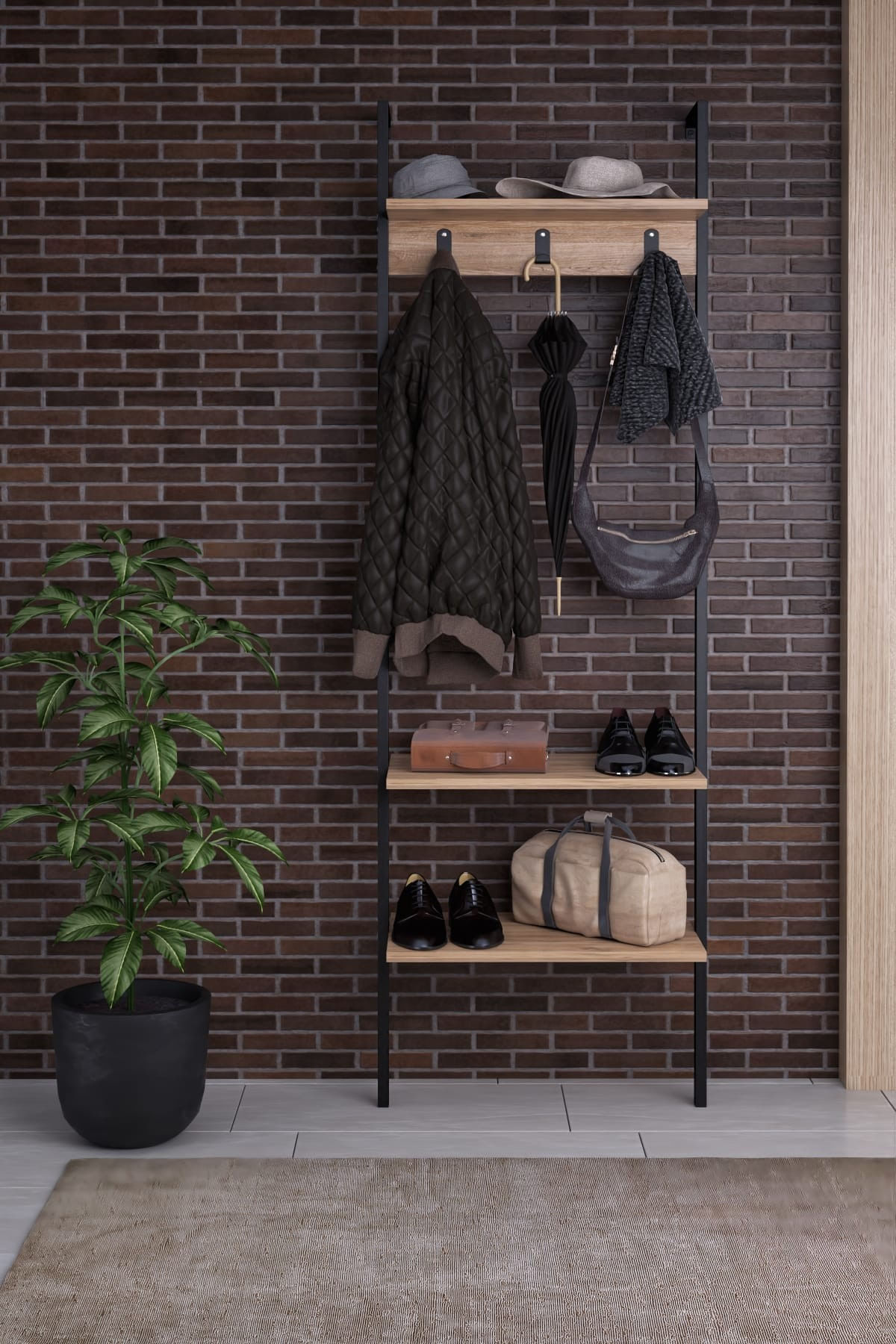 Cuier, Hanah Home, pal melaminat, negru, 60x26x180 cm — imaginea 3