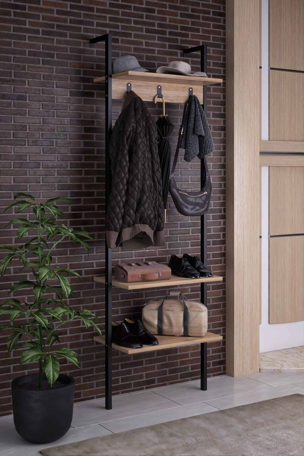 Cuier, Hanah Home, pal melaminat, negru, 60x26x180 cm — imaginea 4