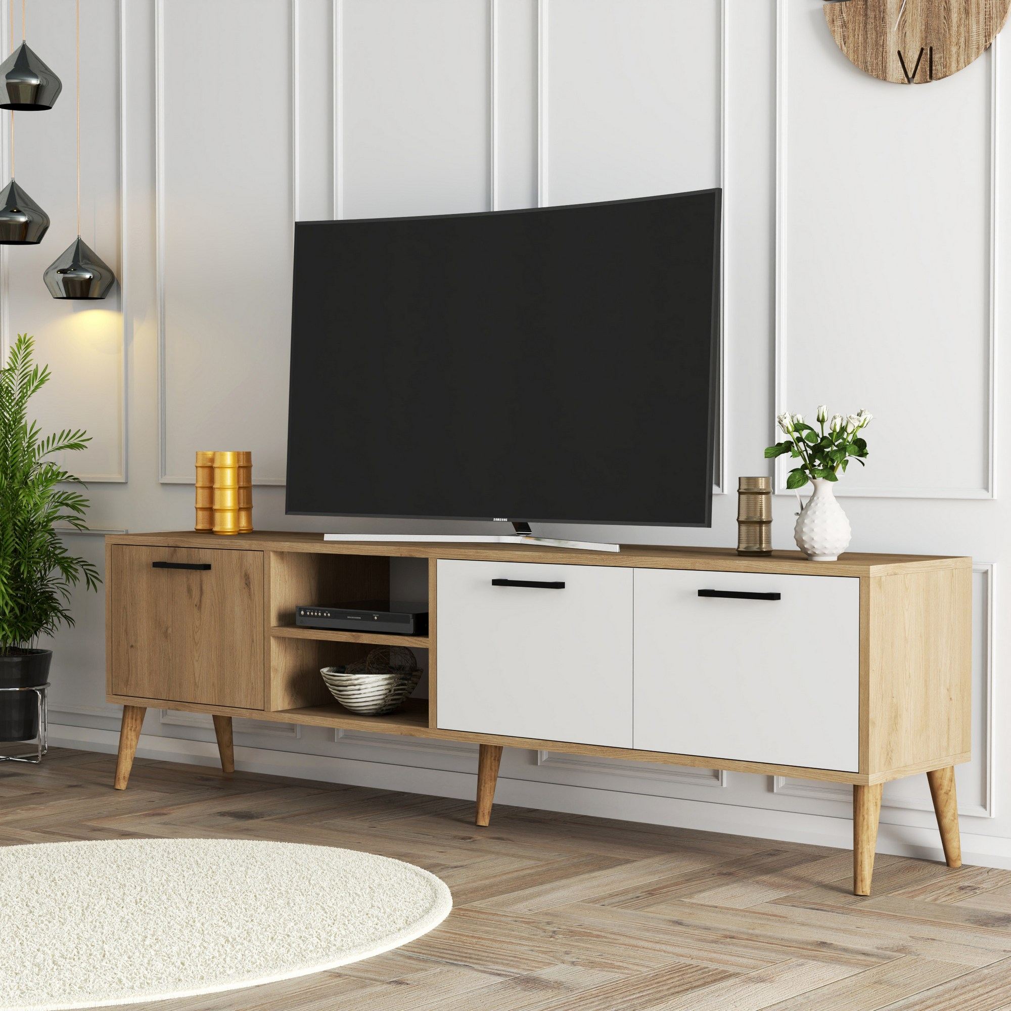 Comoda tv, Hanah Home, pal melaminat, stejar si alb, 180x35x53 cm — imaginea 3