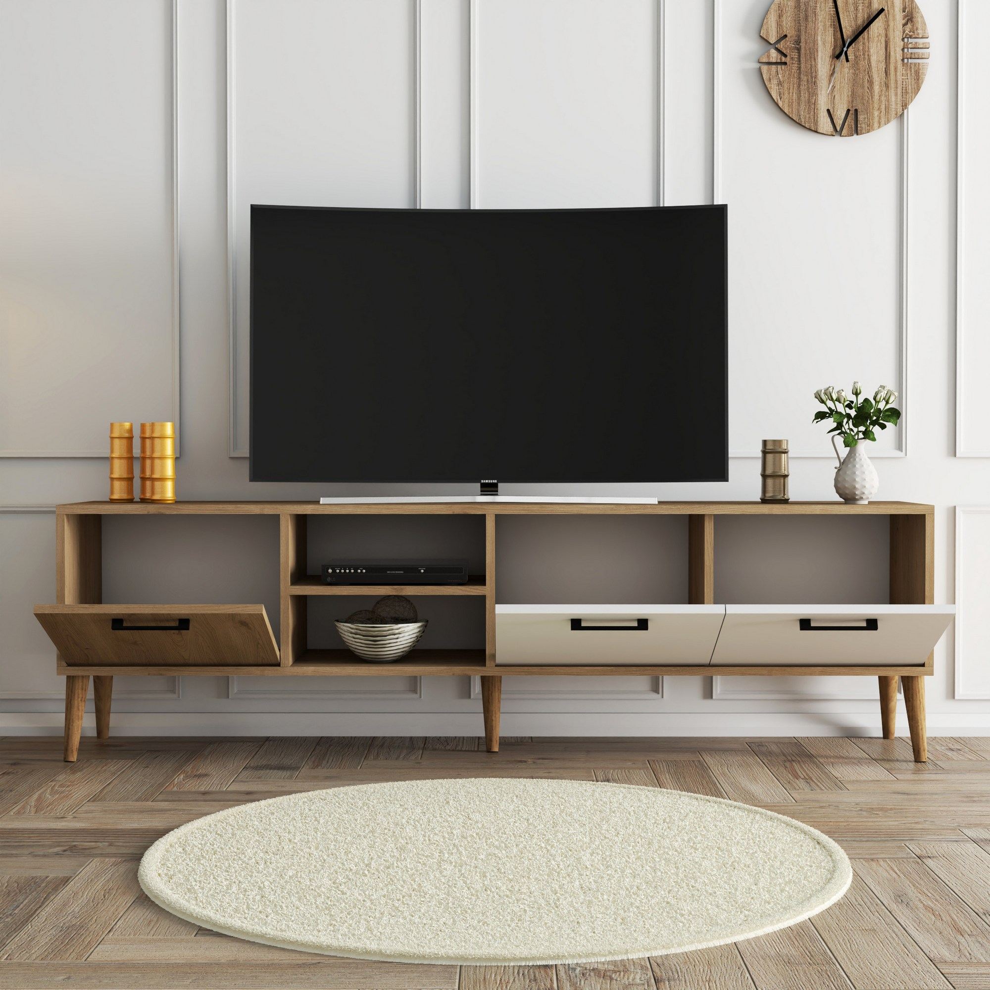 Comoda tv, Hanah Home, pal melaminat, stejar si alb, 180x35x53 cm — imaginea 4