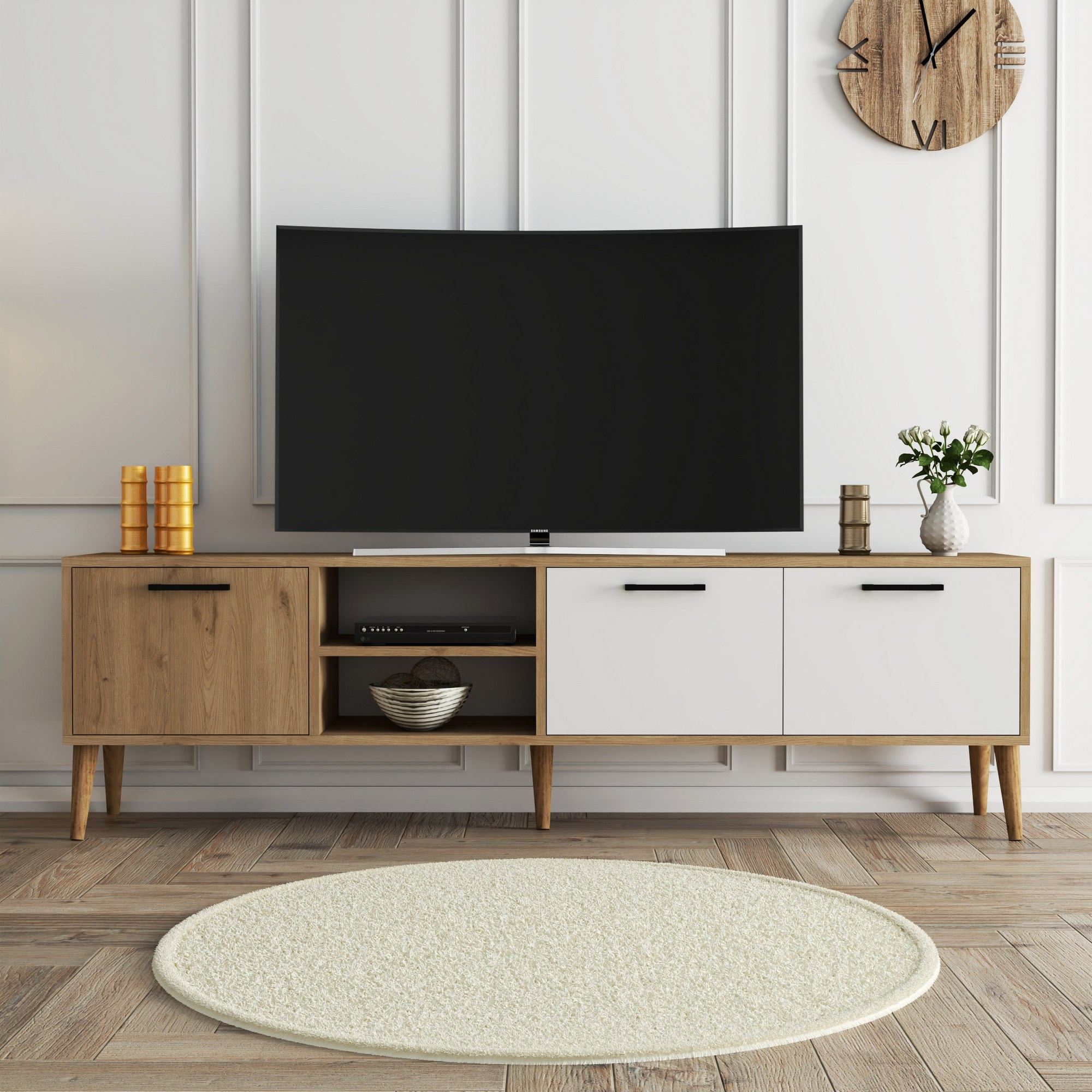 Comoda tv, Hanah Home, pal melaminat, stejar si alb, 180x35x53 cm — imaginea 5