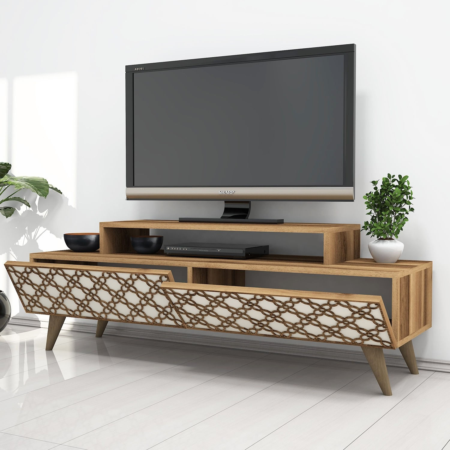 Comoda tv, Hanah Home, pal melaminat, nuc si crem, 140x41.8x48.8 cm — imaginea 2