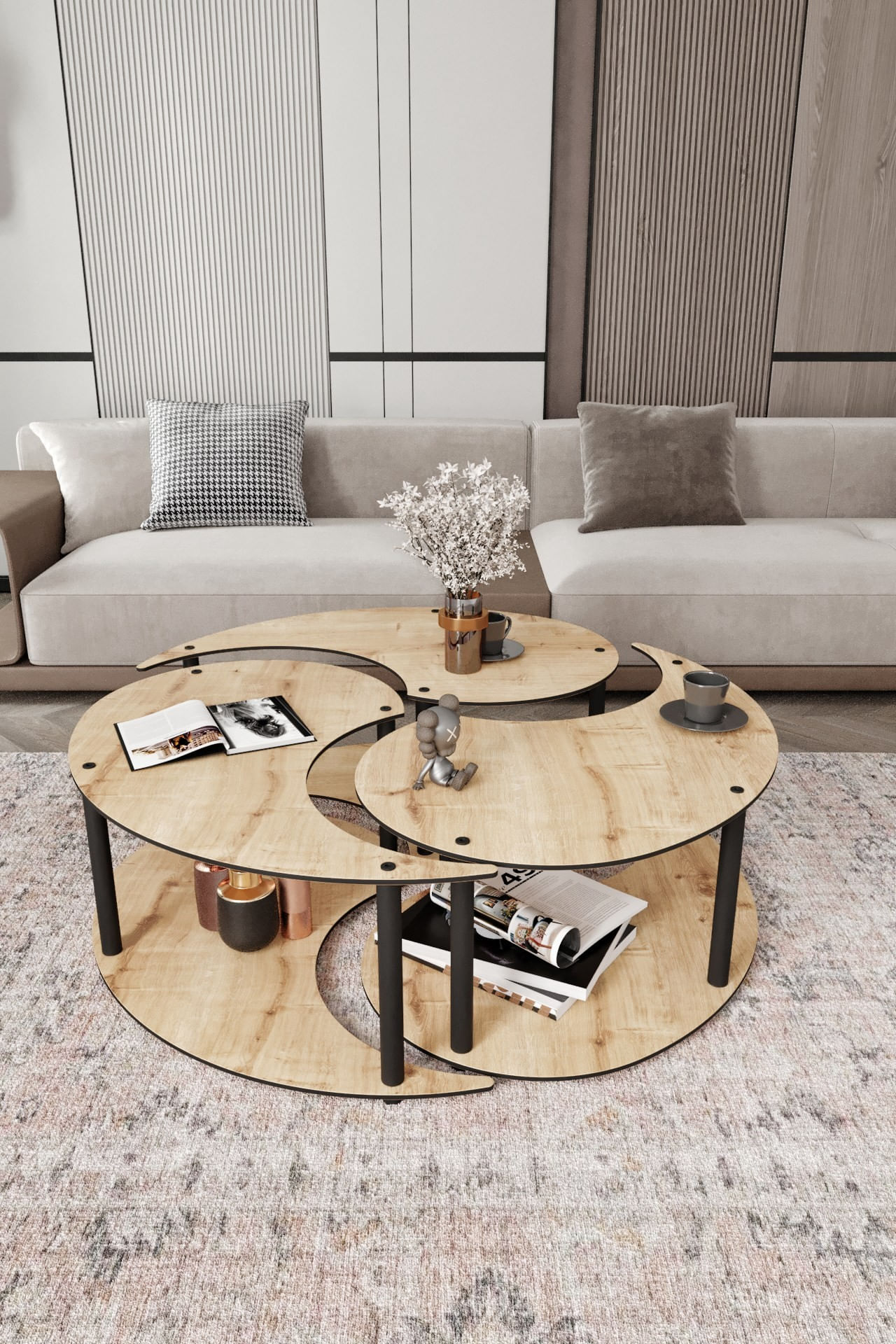 Set masute de cafea, Hanah Home, mdf, stejar, 3 piese, diametru 70 cm, inaltime 38 cm