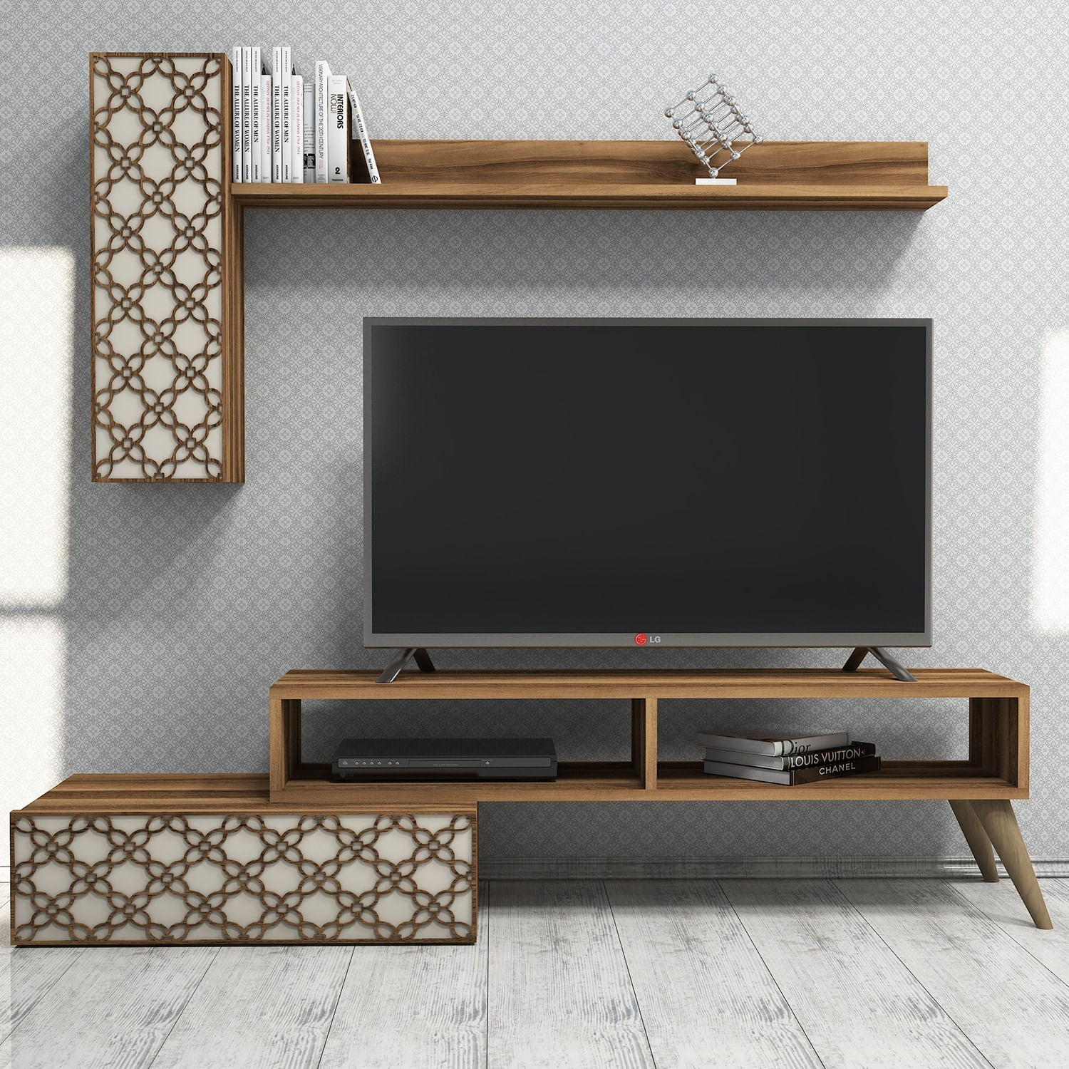 Comoda tv, Hanah Home, pal melaminat, nuc si crem, 150x37.8x37.2 cm — imaginea 2
