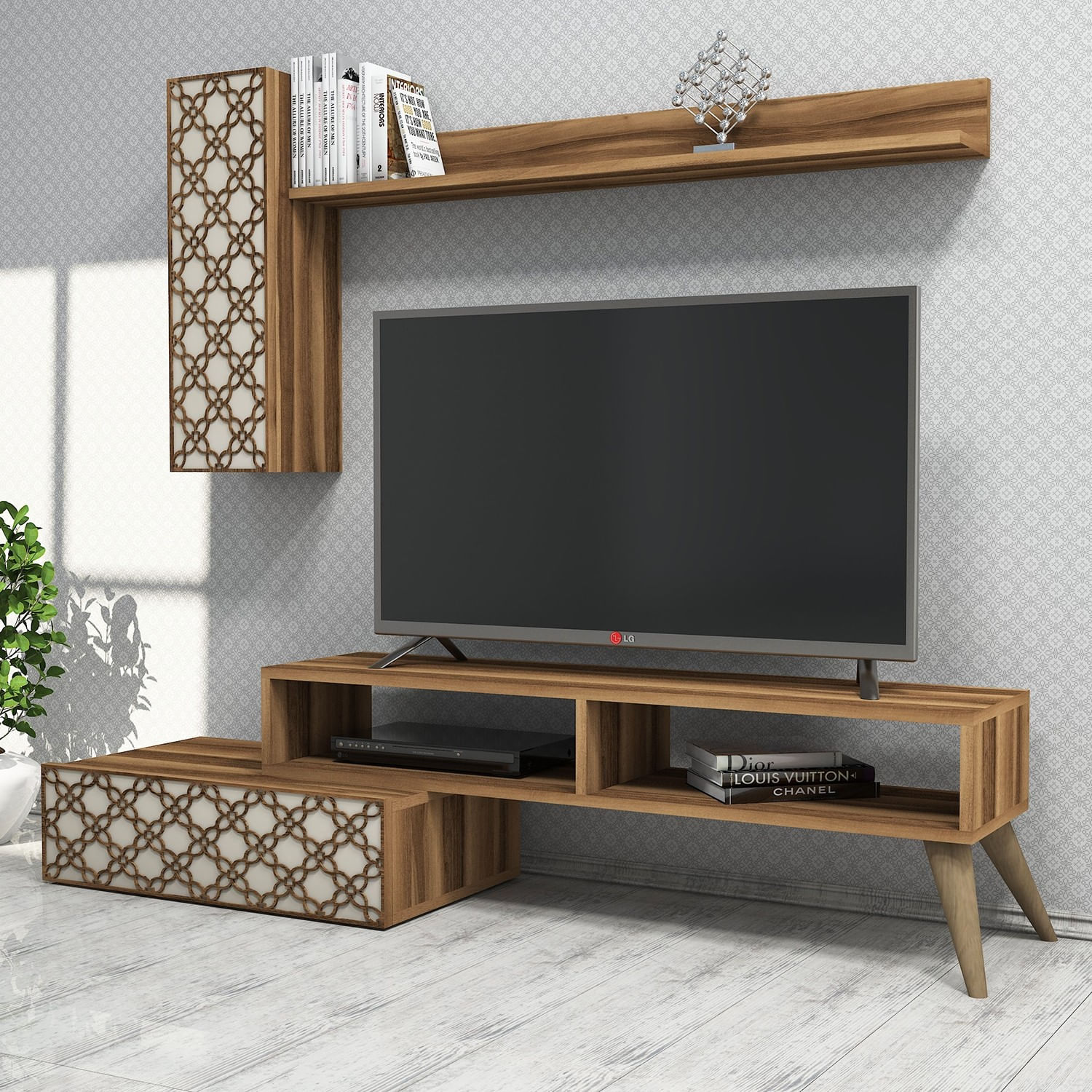 Comoda tv, Hanah Home, pal melaminat, nuc si crem, 150x37.8x37.2 cm — imaginea 4