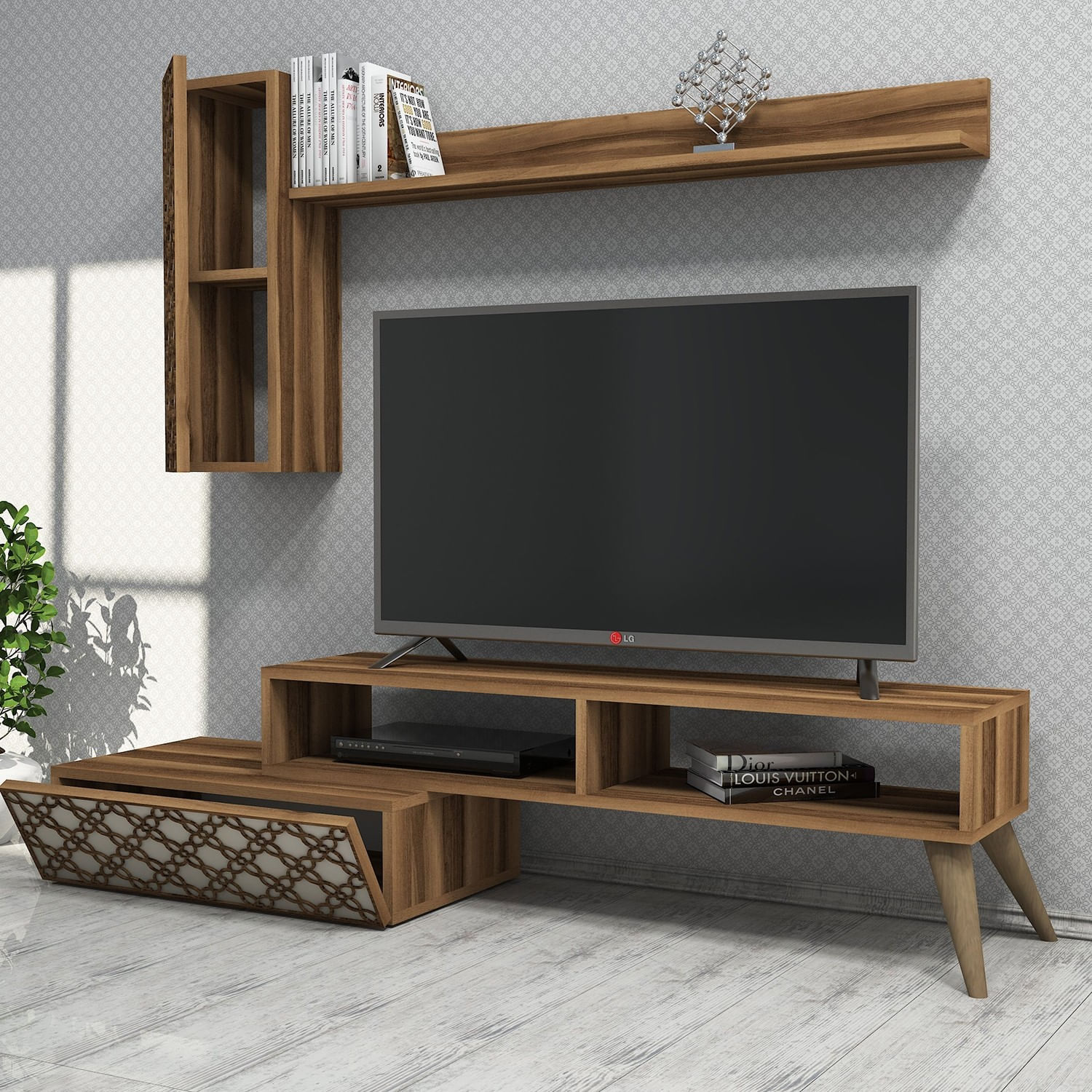 Comoda tv, Hanah Home, pal melaminat, nuc si crem, 150x37.8x37.2 cm — imaginea 6