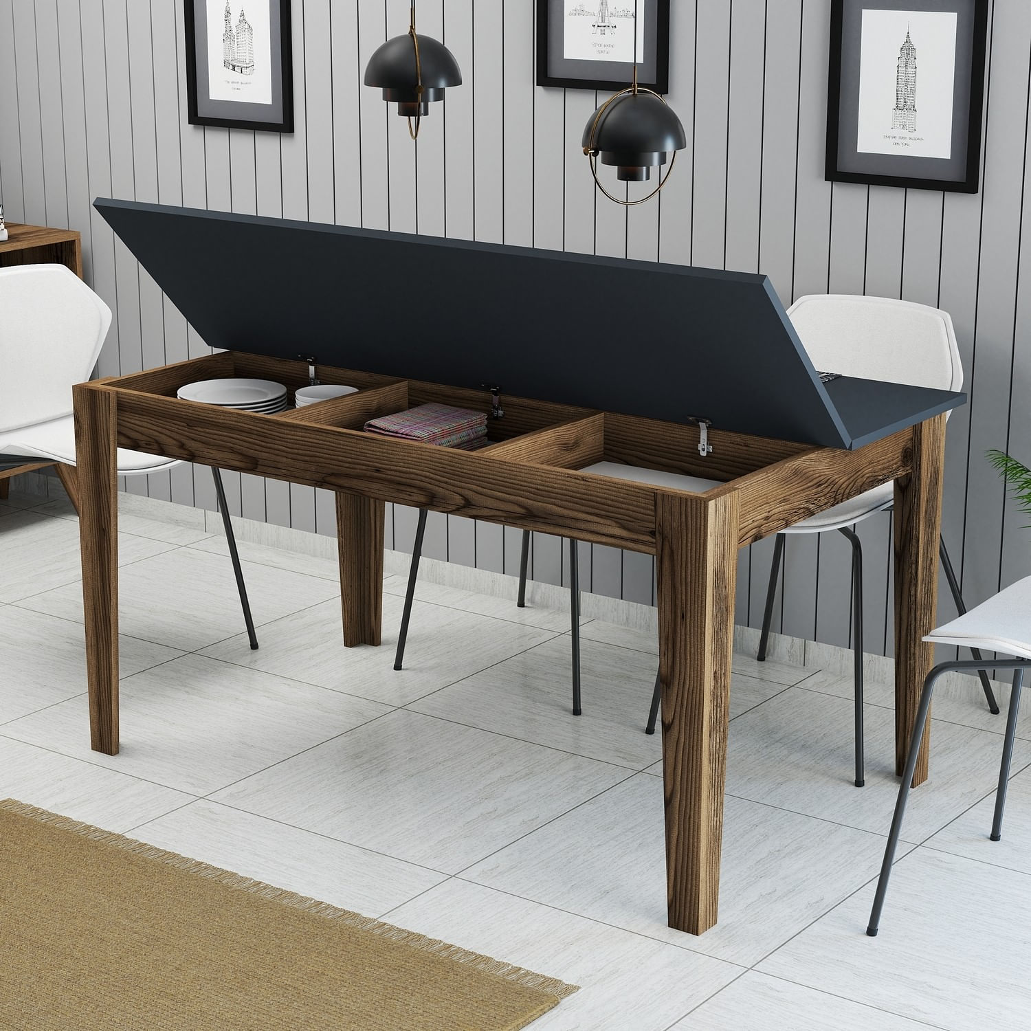 Masa dining, Hanah Home, pal melaminat, nuc si antracit, 145x88x75 cm — imaginea 3