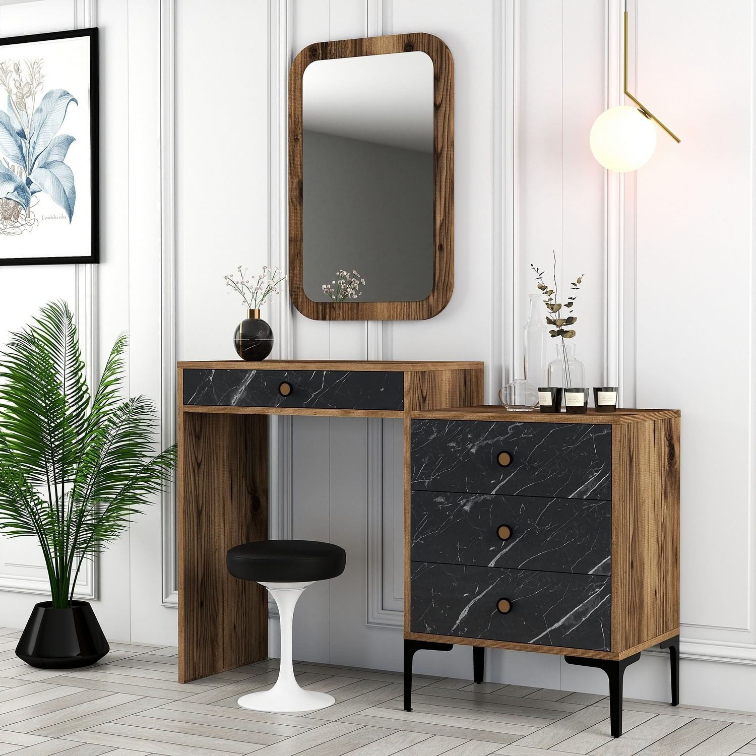 Masa de toaleta, Hanah Home, pal melaminat, nuc si negru, 124x40x84.7 cm — imaginea 2