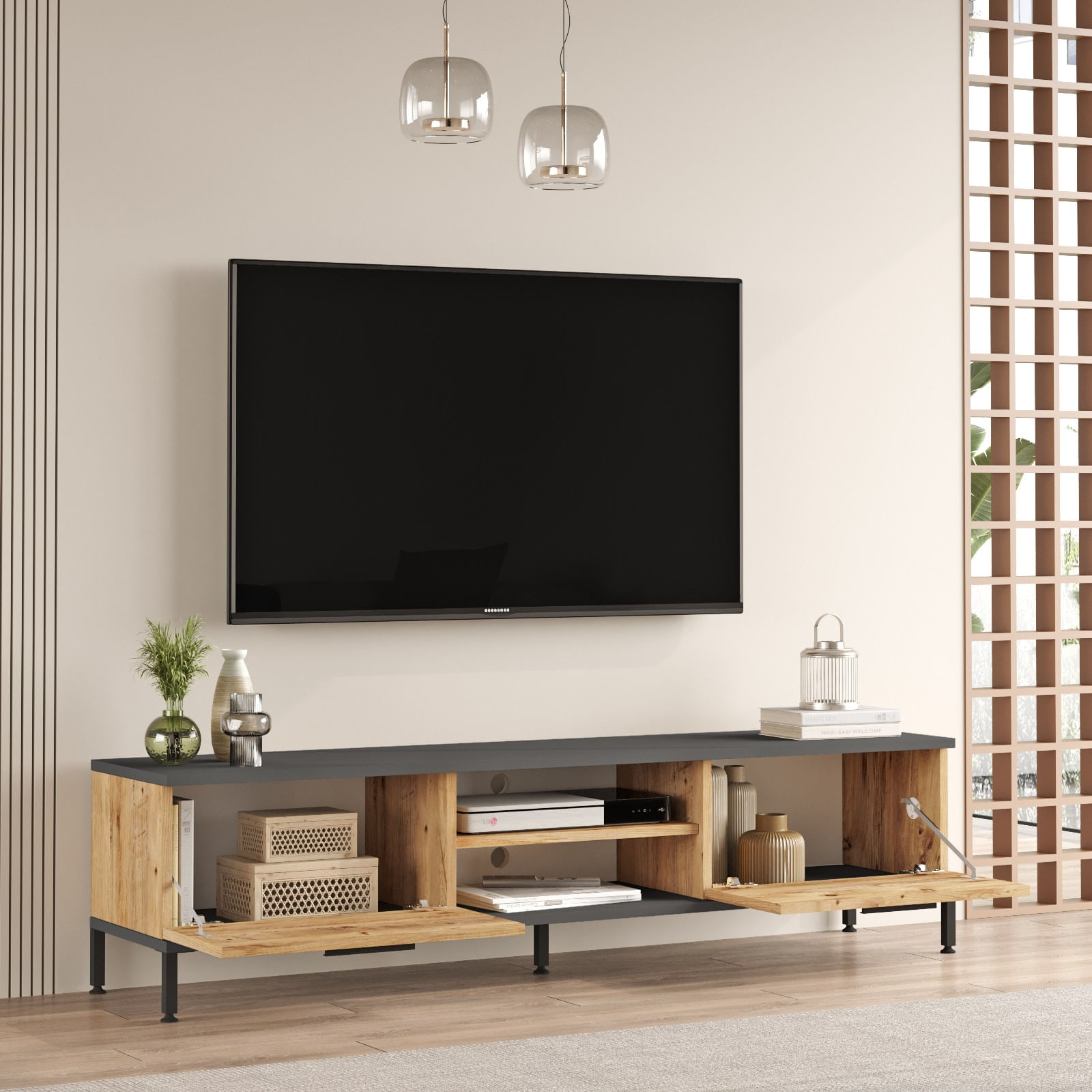 Set mobilier living, Hanah Home, pal melaminat, pin atlantic si antracit, 956LCS1671