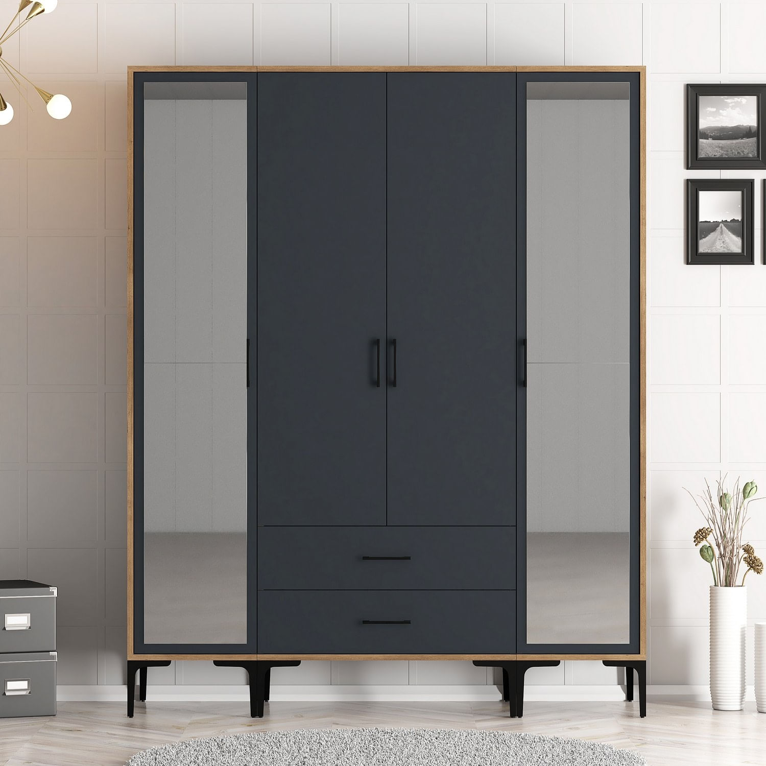 Sifonier, Hanah Home, panou de particule melaminat, nuc si antracit, 160x47.5x201.4 cm — imaginea 3