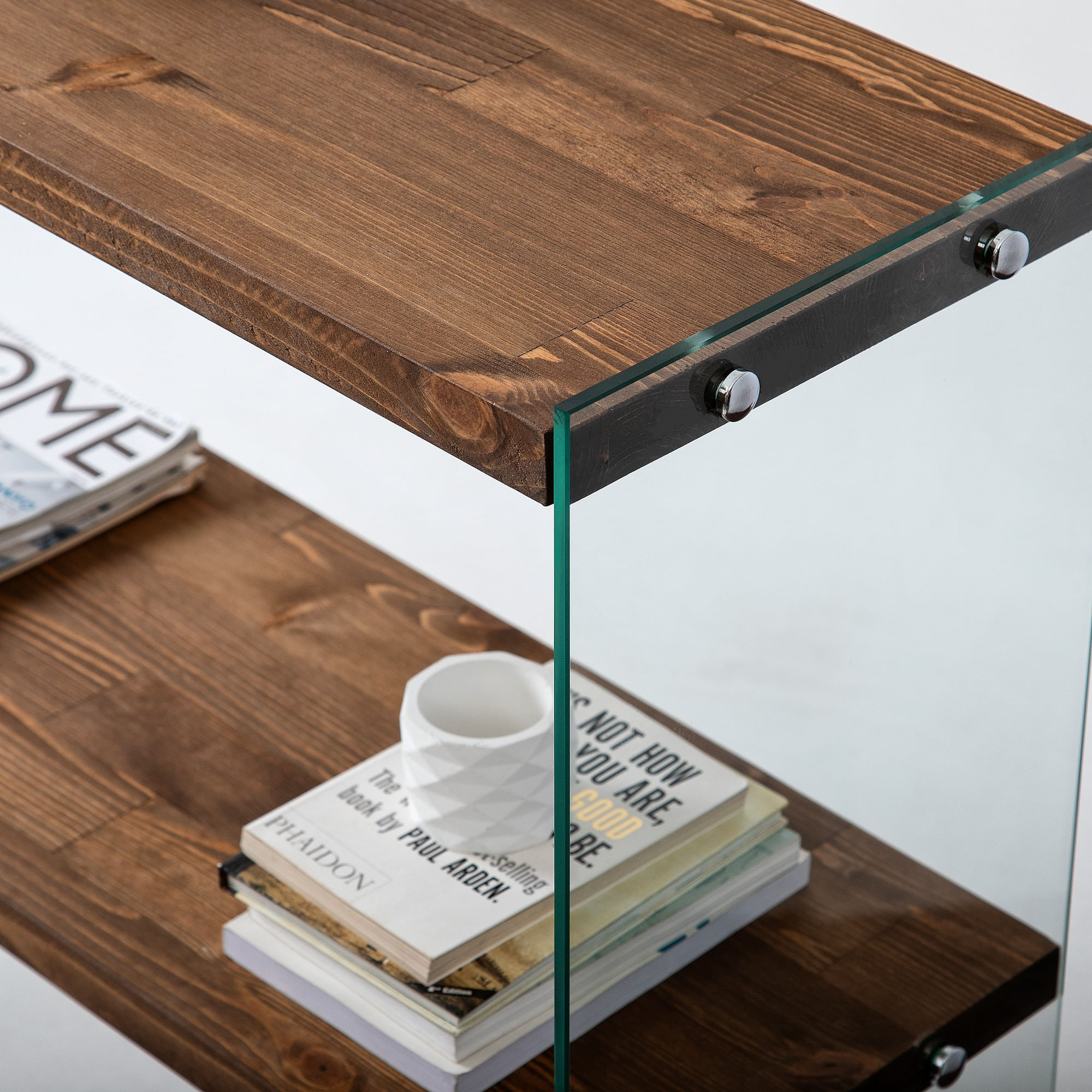 Consola, Hanah Home, lemn masiv de pin, nuc, sticla securizata, 90x30x80 cm — imaginea 2
