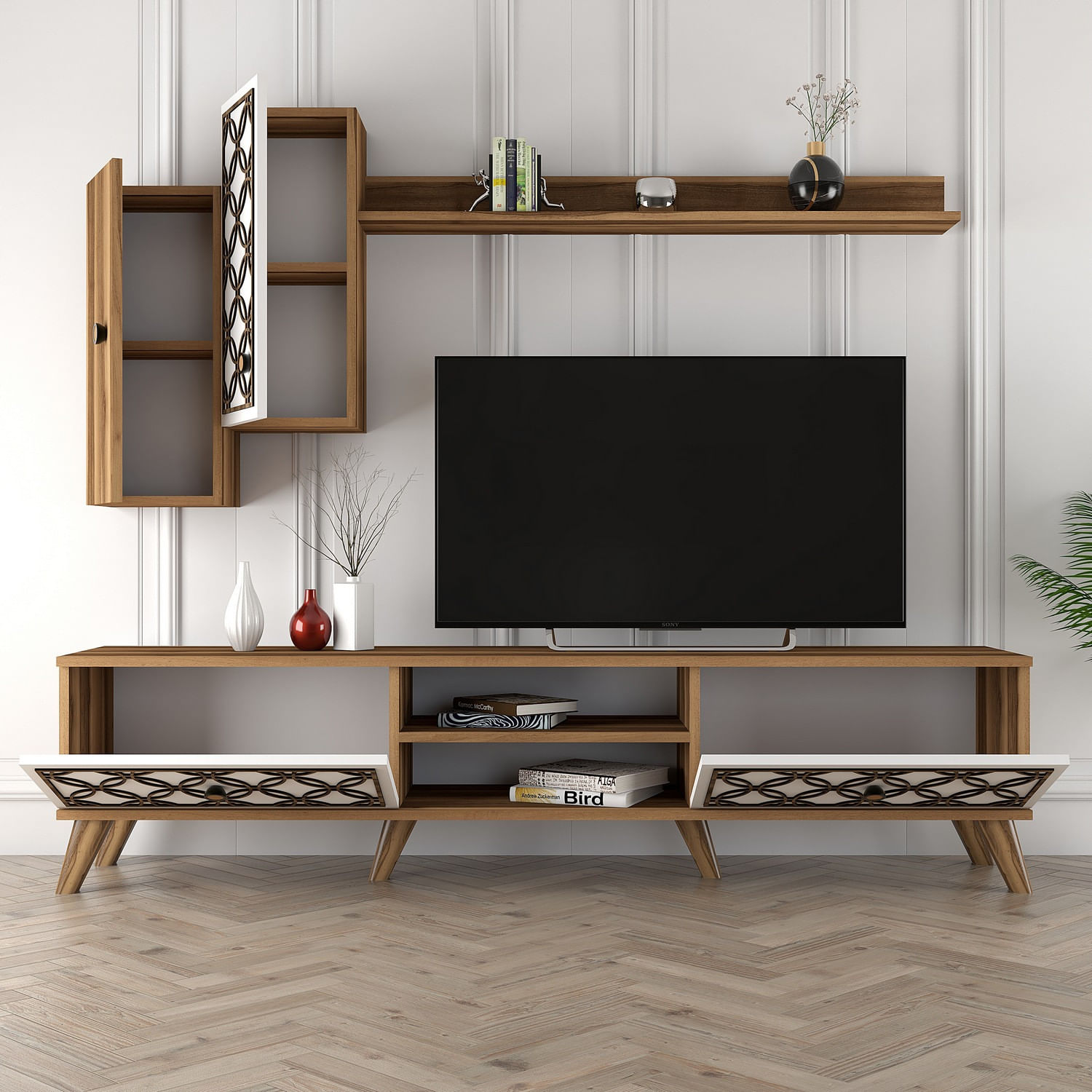 Comoda tv, Hanah Home, pal melaminat, nuc si alb, 180x44x35 cm, 845HCT3011 — imaginea 4