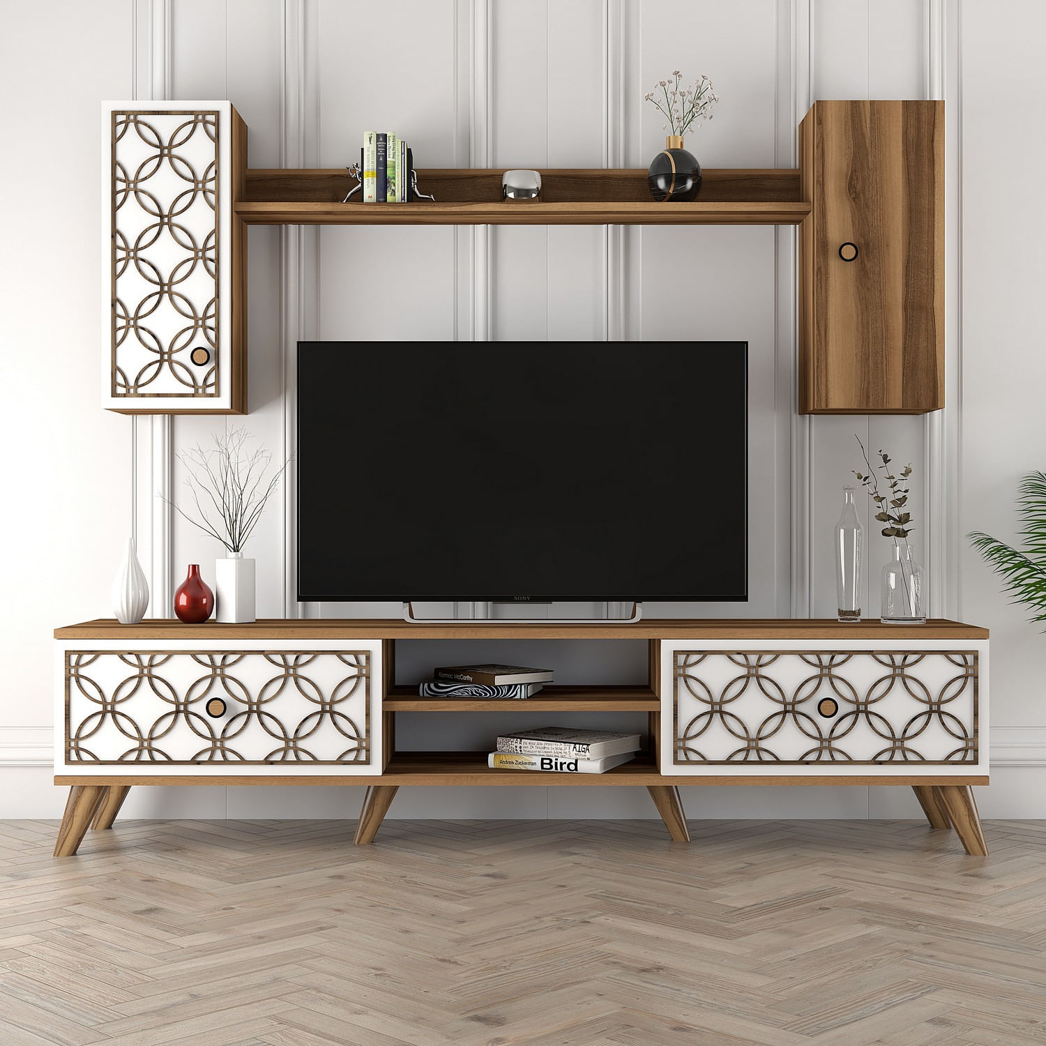 Comoda tv, Hanah Home, pal melaminat, nuc si alb, 180x44x35 cm, 845HCT3011 — imaginea 5