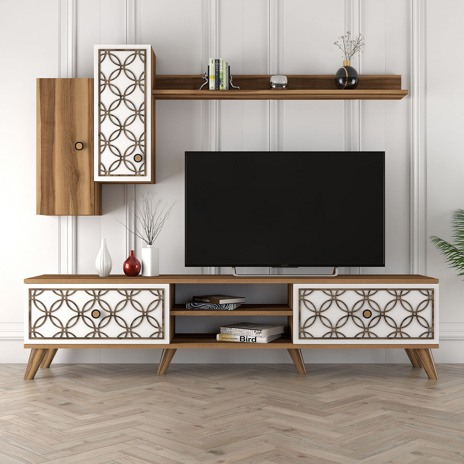 Comoda tv, Hanah Home, pal melaminat, nuc si alb, 180x44x35 cm, 845HCT3011 — imaginea 6
