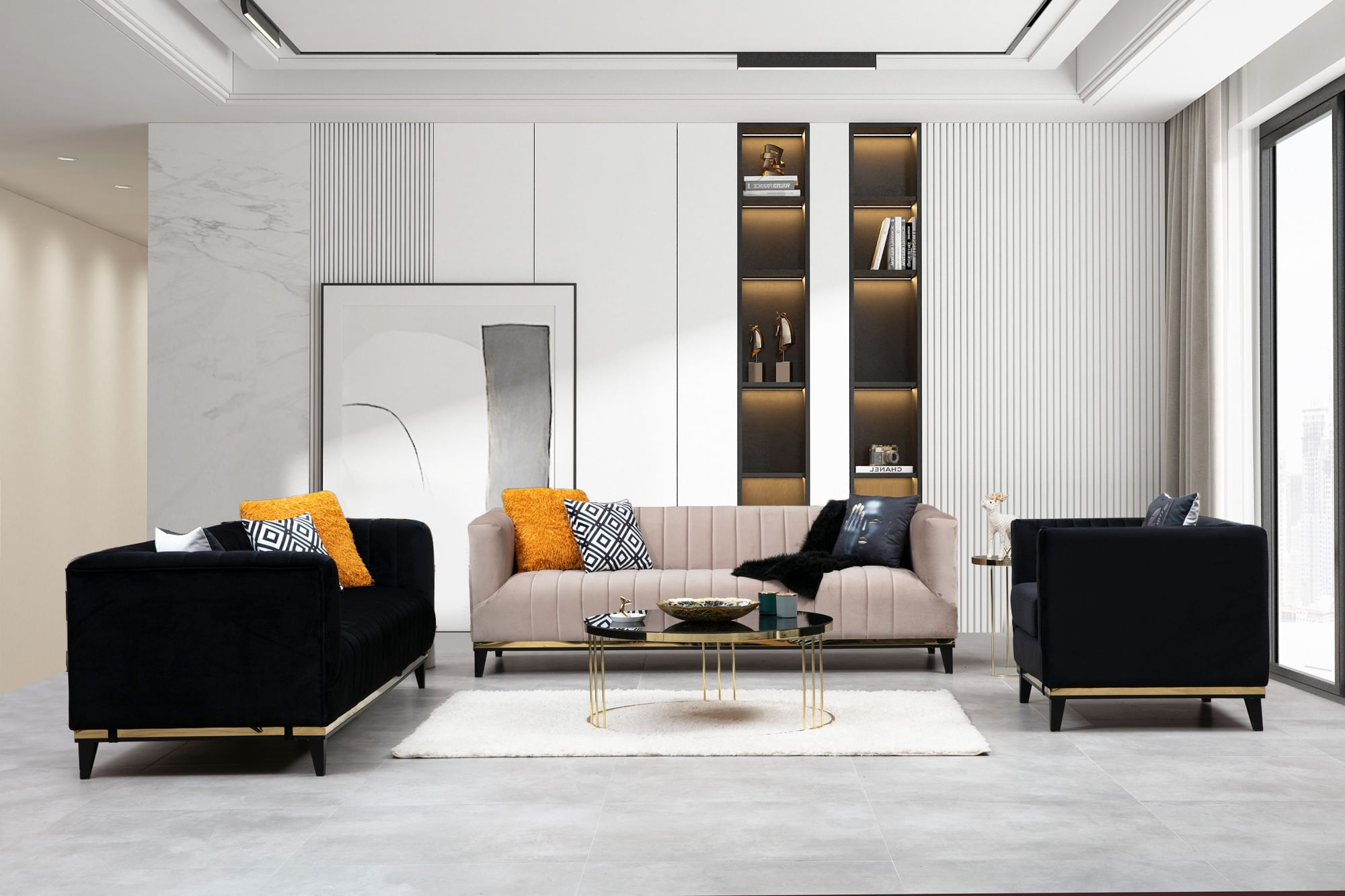 Canapea 3 locuri, Hanah Home, lemn fag si pal, negru auriu, 222x89x75 cm — imaginea 2