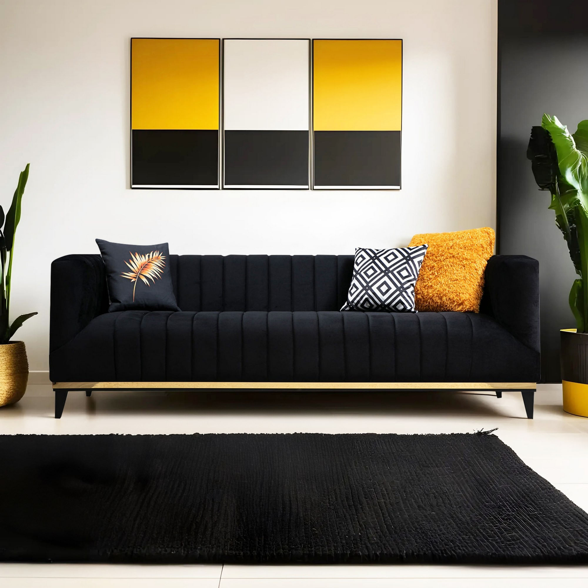 Canapea 3 locuri, Hanah Home, lemn fag si pal, negru auriu, 222x89x75 cm — imaginea 4