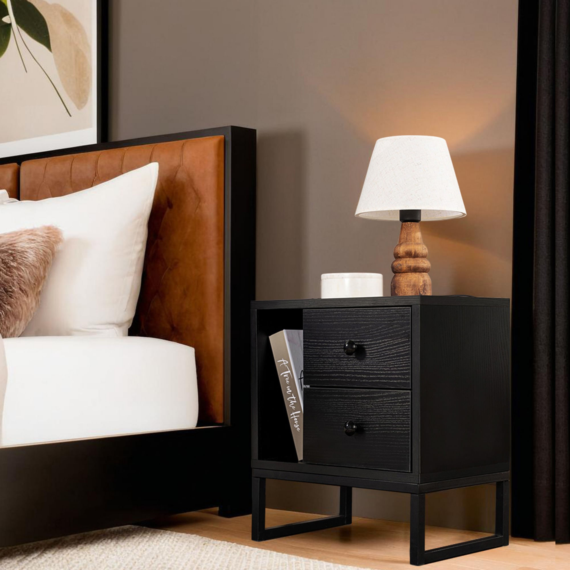Noptiera, Hanah Home, panou de particule melaminat, lemn negru si negru, 45.2x29.5x50 cm — imaginea 6