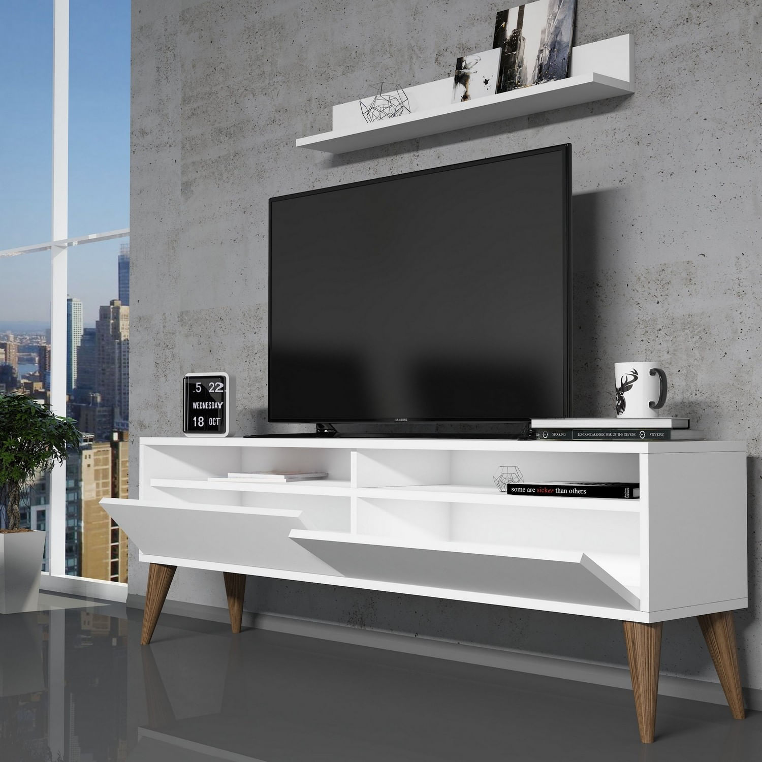 Unitate tv, Hanah Home, pal melaminat, alb, 150x30x50 cm — imaginea 4
